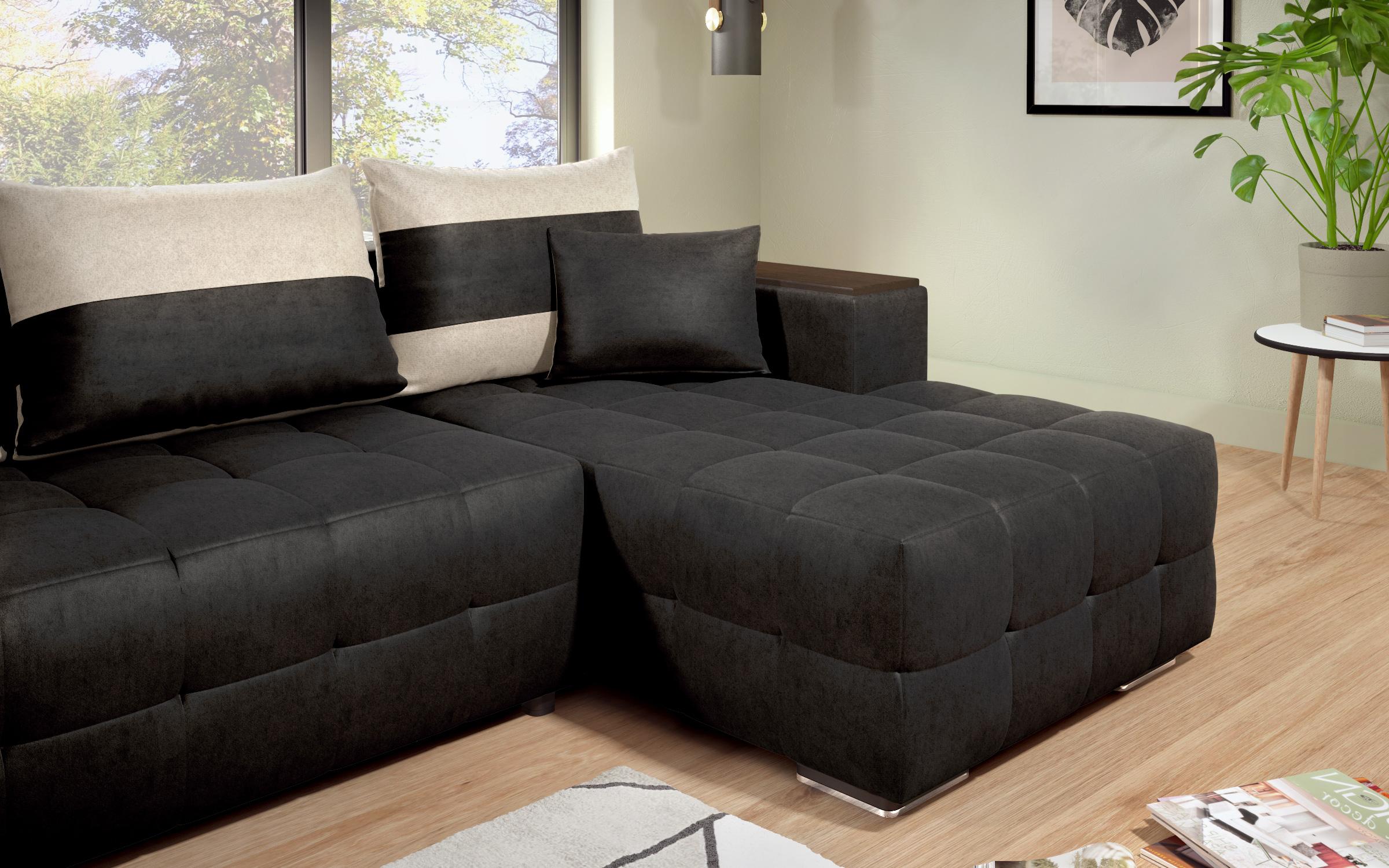 Extendable corner sofa with shelf armrest Melvin S, black + light beige  9