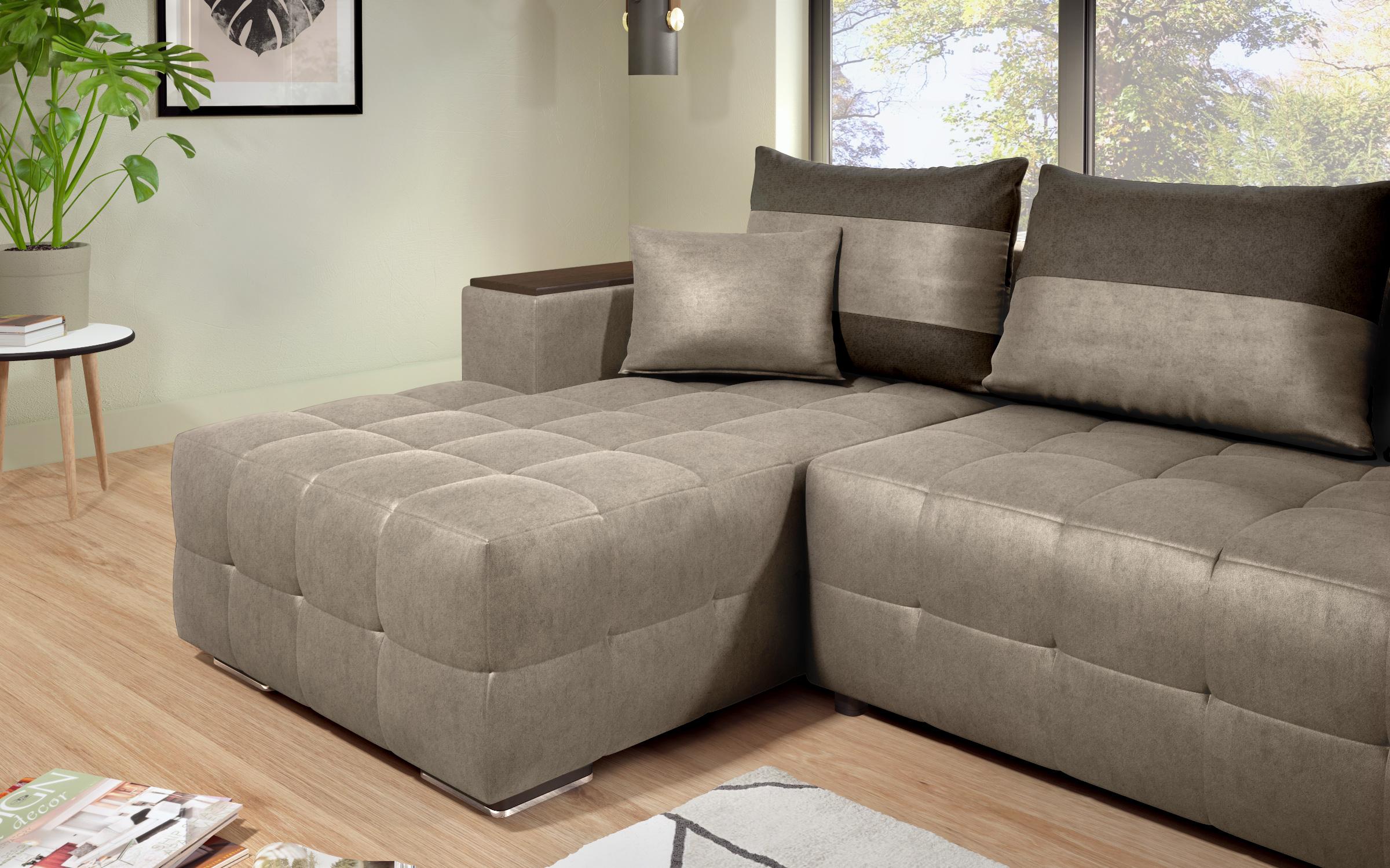 Extendable corner sofa with shelf armrest Melvin S, dark beige + dark brown  9