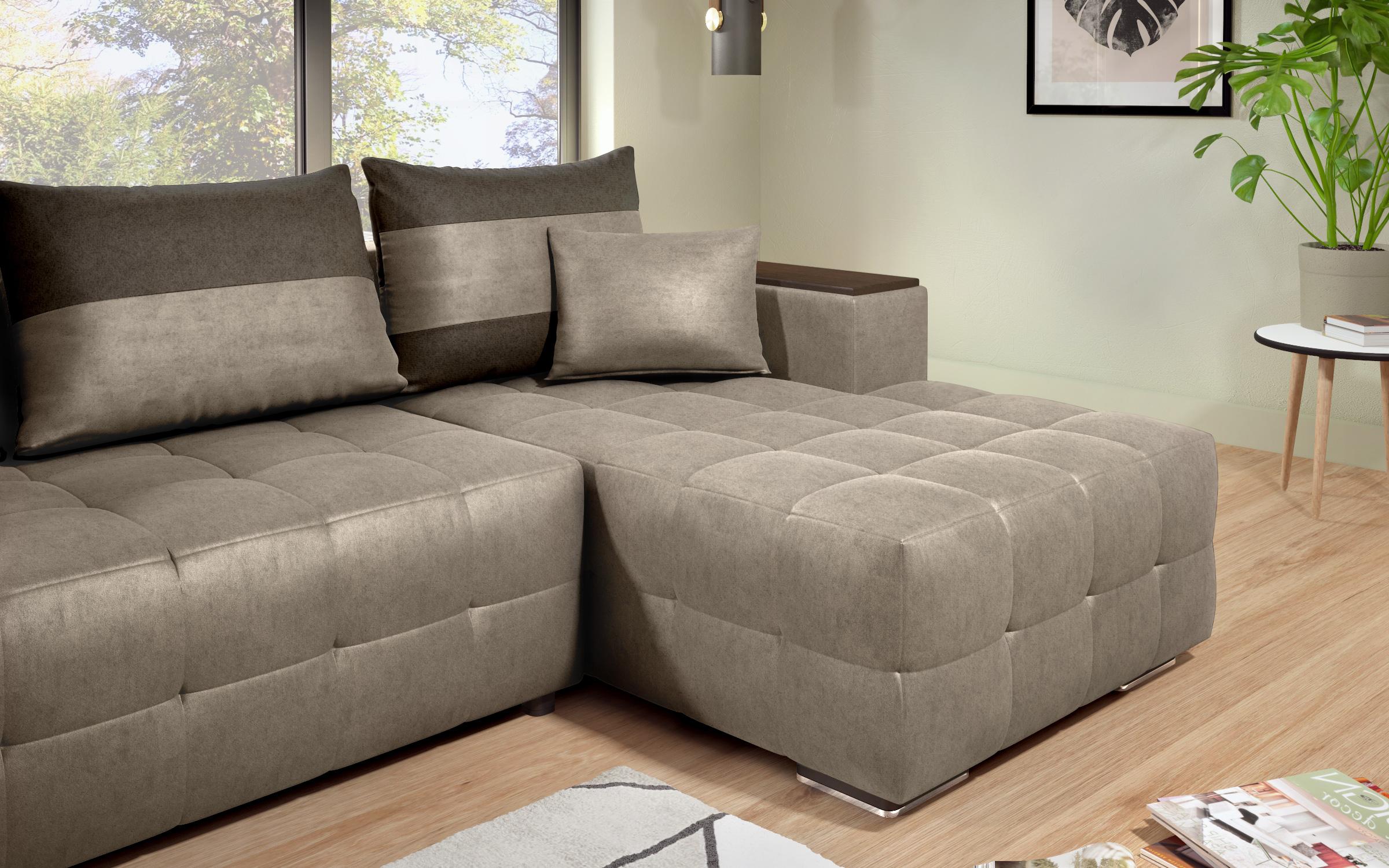 Extendable corner sofa with shelf armrest Melvin S, dark beige + dark brown  9
