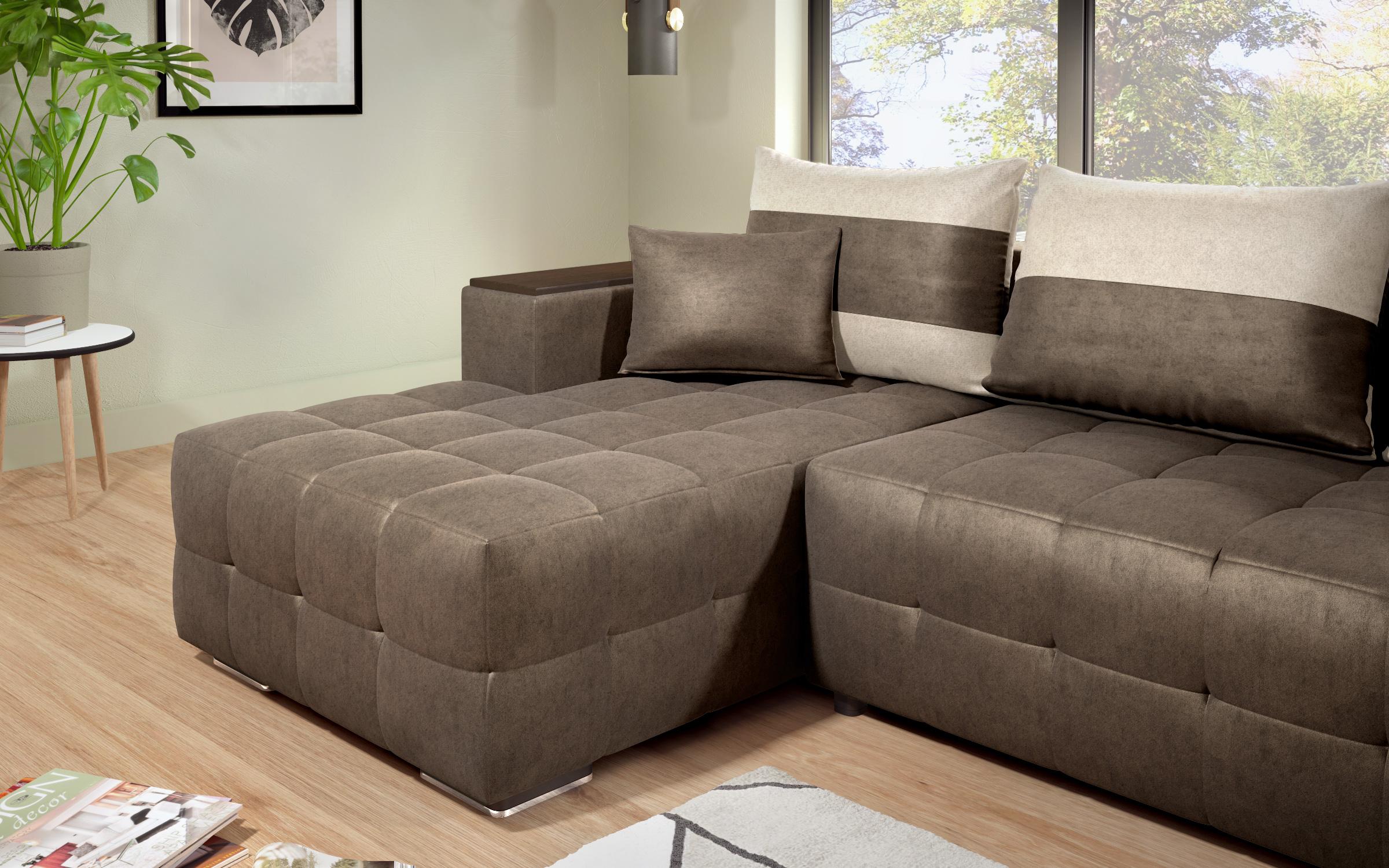 Extendable corner sofa with shelf armrest Melvin S, dark brown + light beige  8