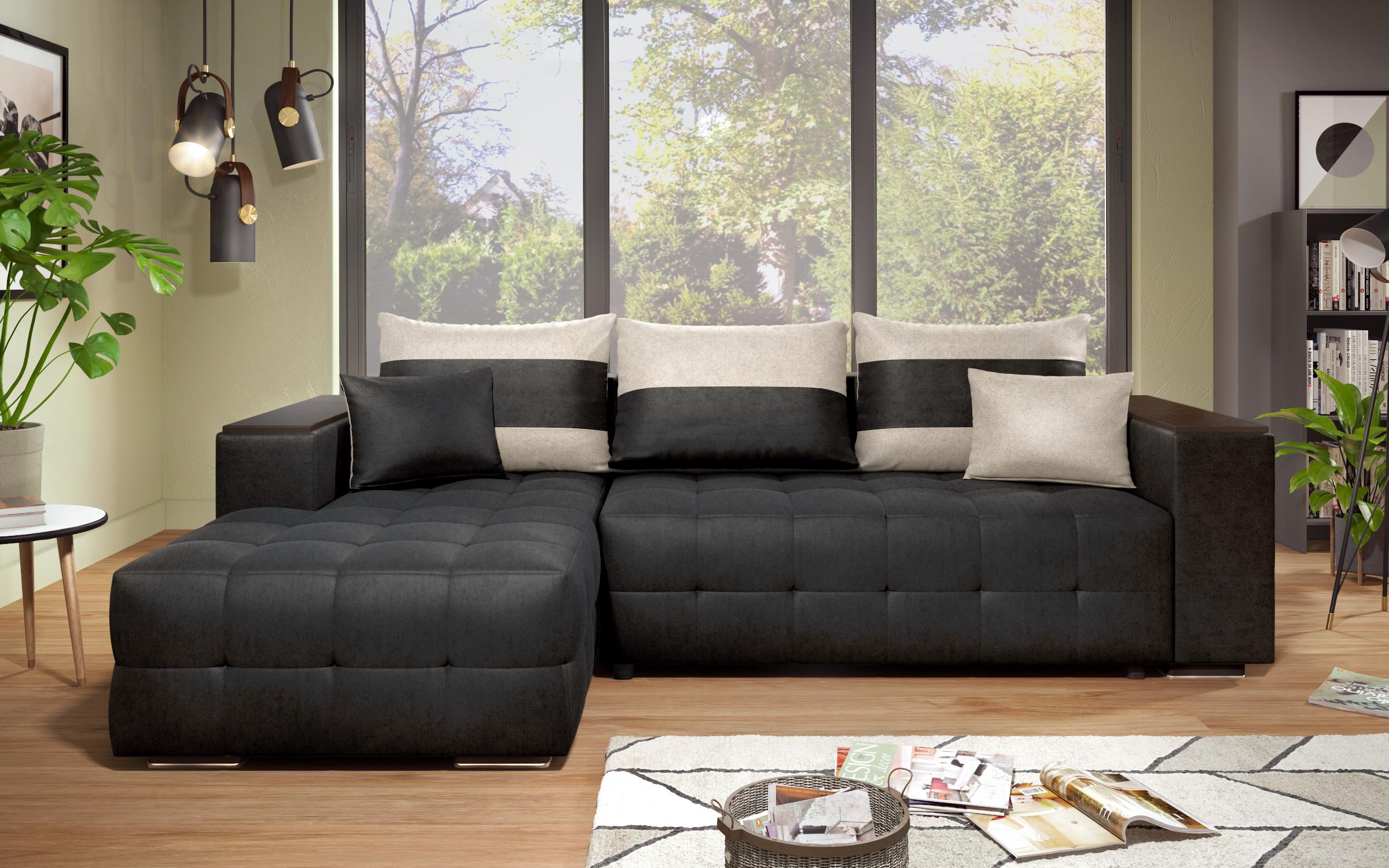 Extendable corner sofa with shelf armrest Melvin S, black + light beige  3