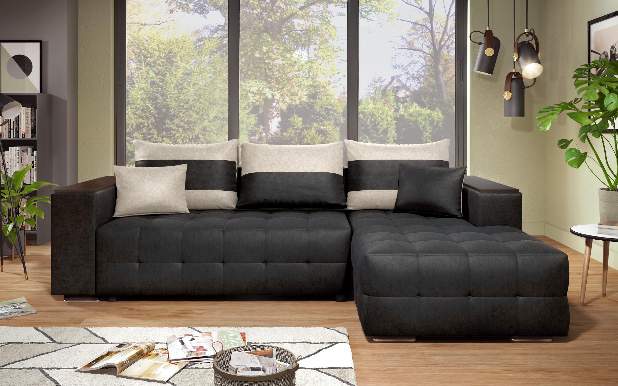 Extendable corner sofa with shelf armrest Melvin S, black + light beige  3