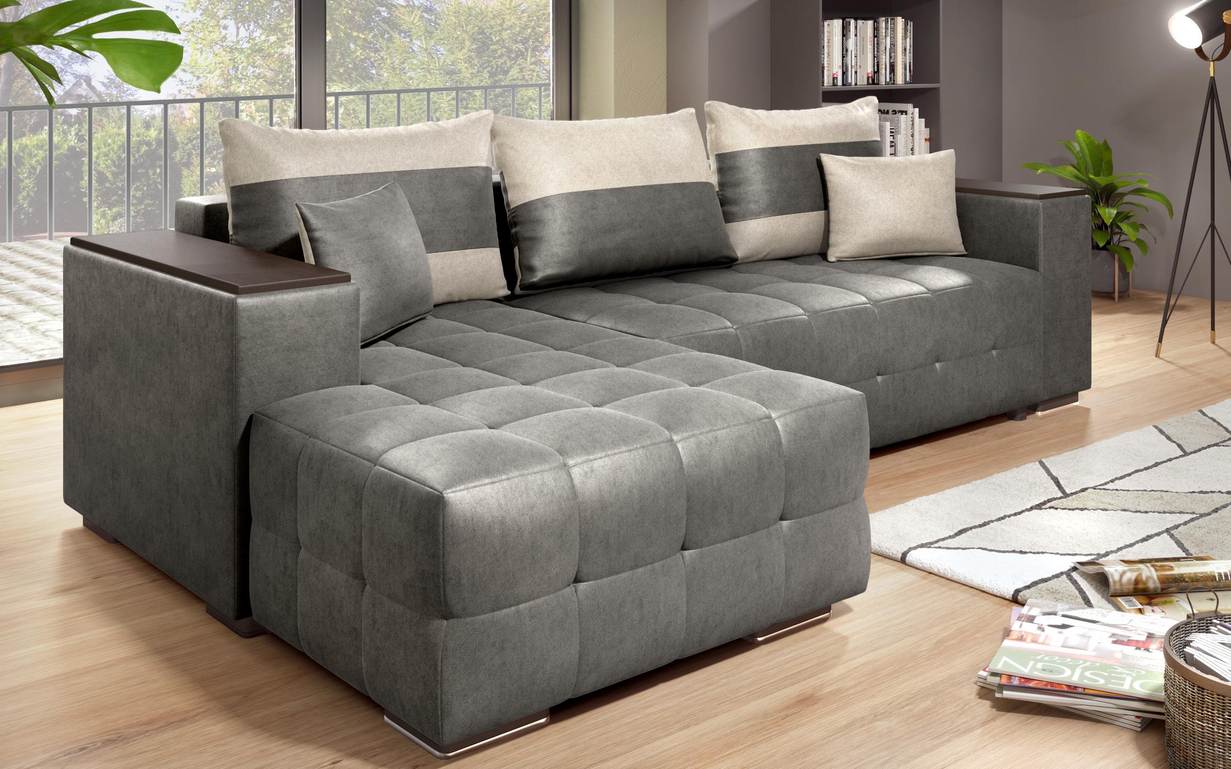 Extendable corner sofa with shelf armrest Melvin S, grey + light beige  3