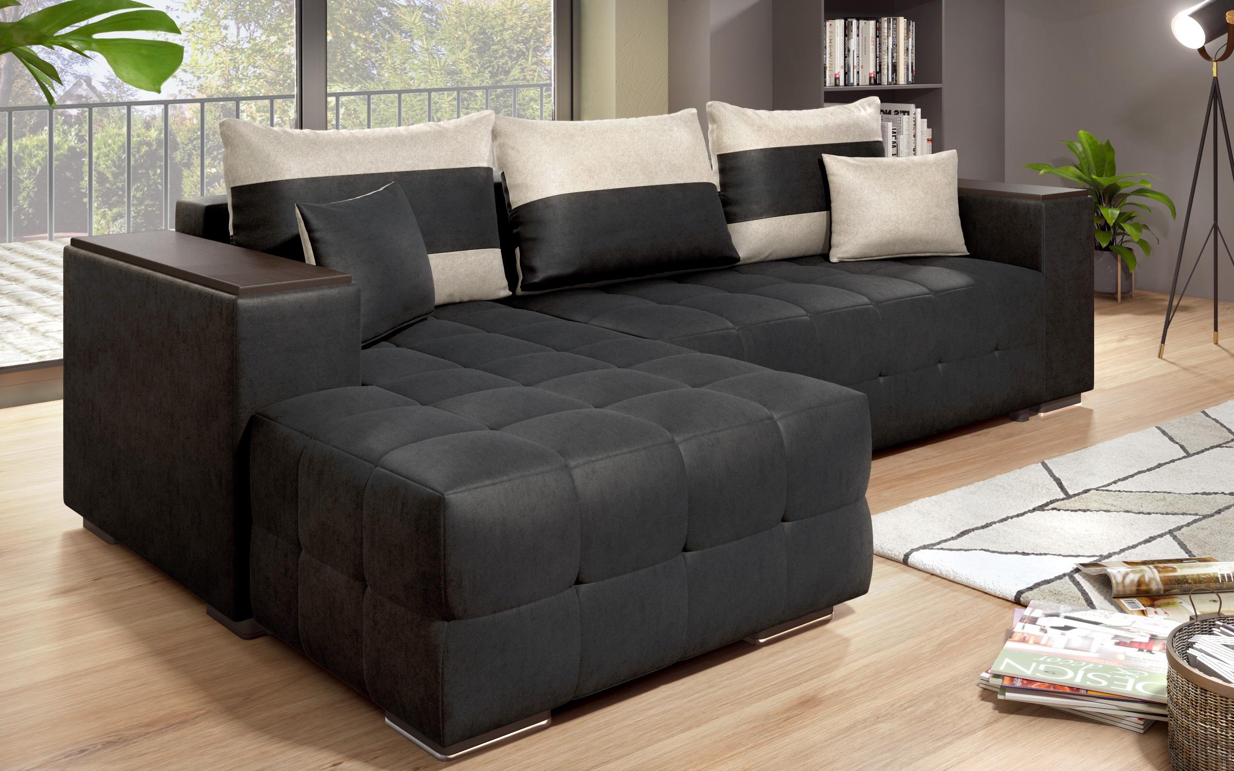 Extendable corner sofa with shelf armrest Melvin S, black + light beige  4