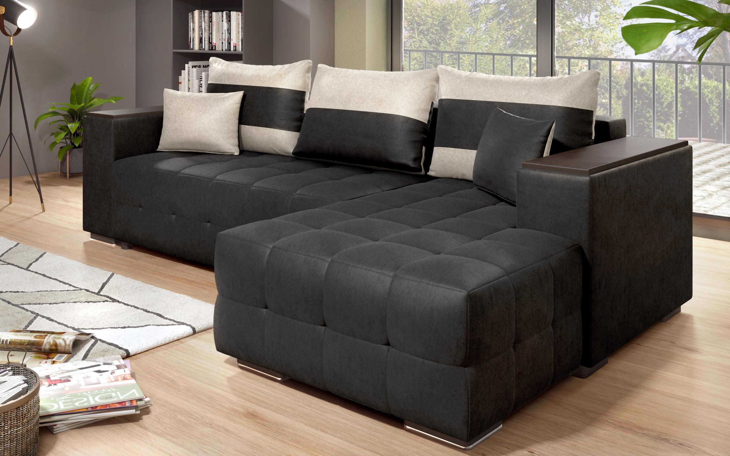 Extendable corner sofa with shelf armrest Melvin S, black + light beige  4