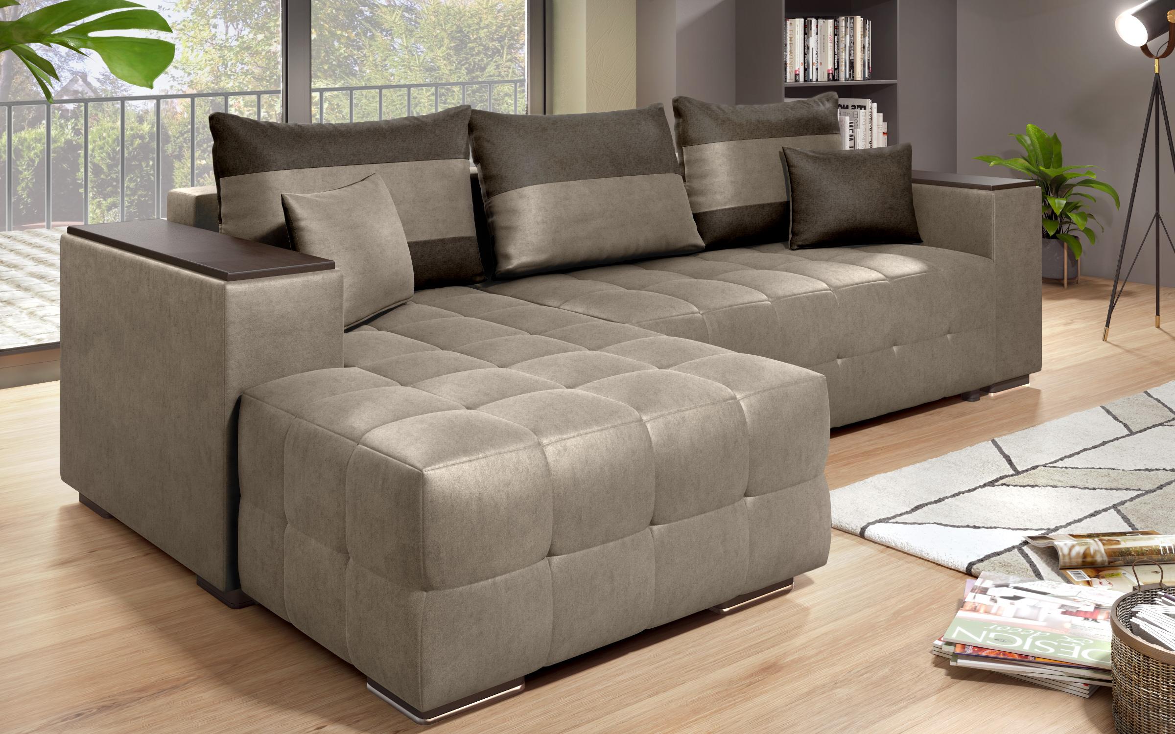 Extendable corner sofa with shelf armrest Melvin S, dark beige + dark brown  4