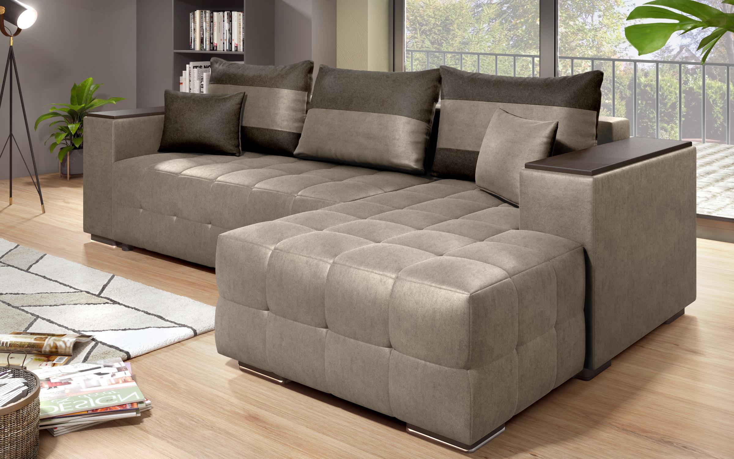 Extendable corner sofa with shelf armrest Melvin S, dark beige + dark brown  4