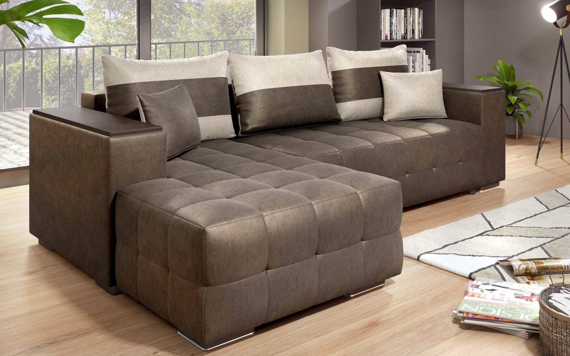Extendable corner sofa with shelf armrest Melvin S, dark brown + light beige  3