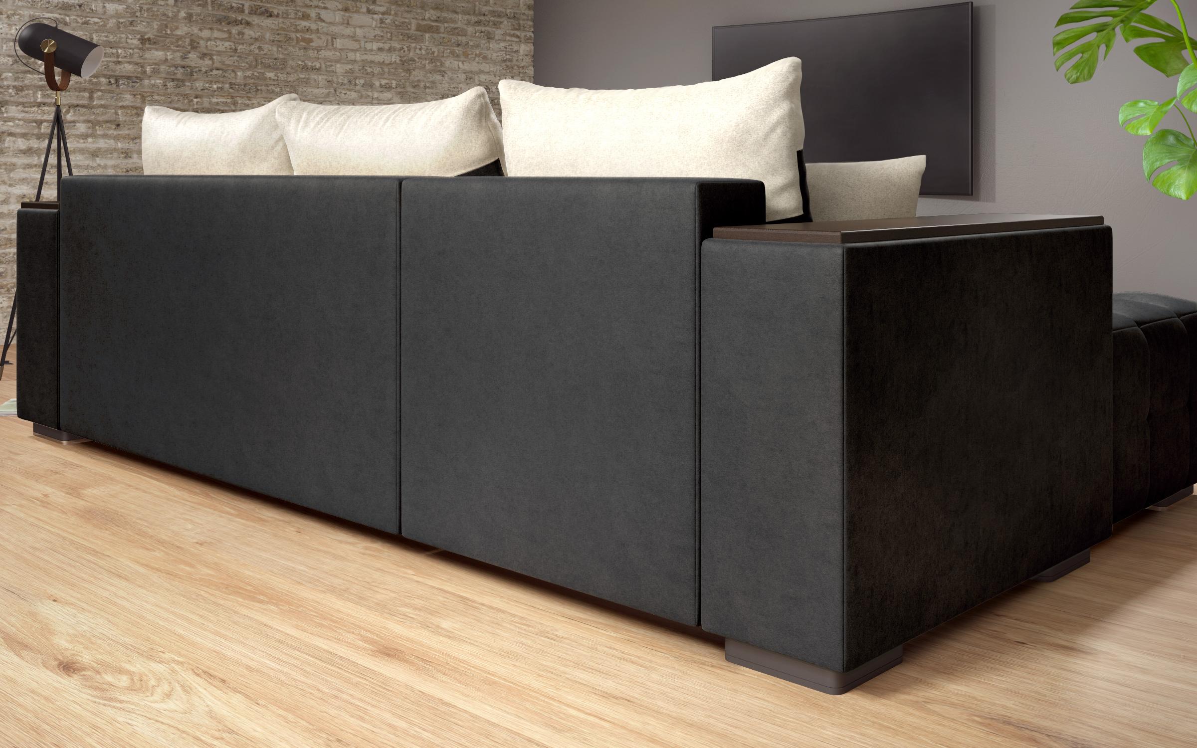 Extendable corner sofa with shelf armrest Melvin S, black + light beige  5