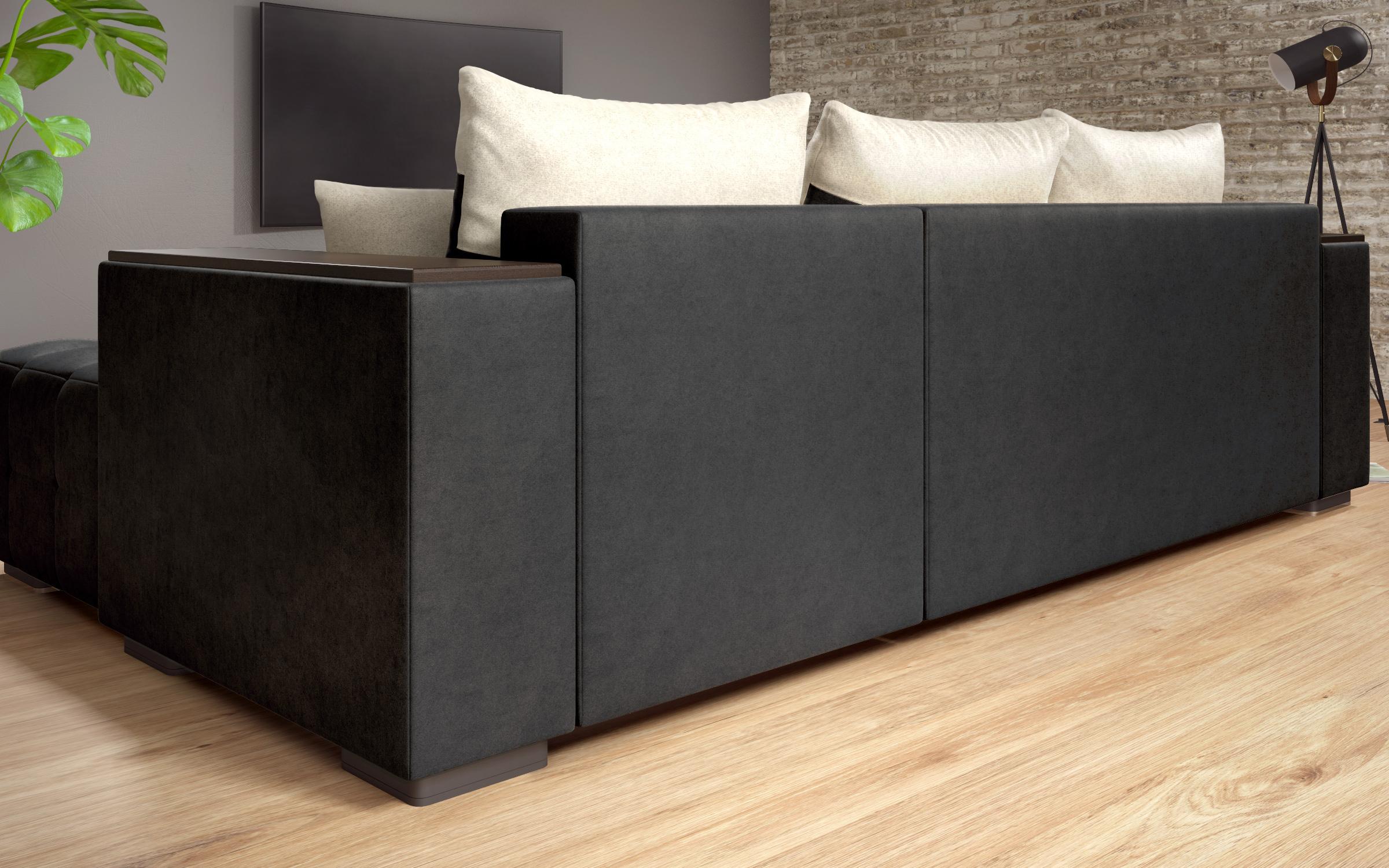 Extendable corner sofa with shelf armrest Melvin S, black + light beige  5