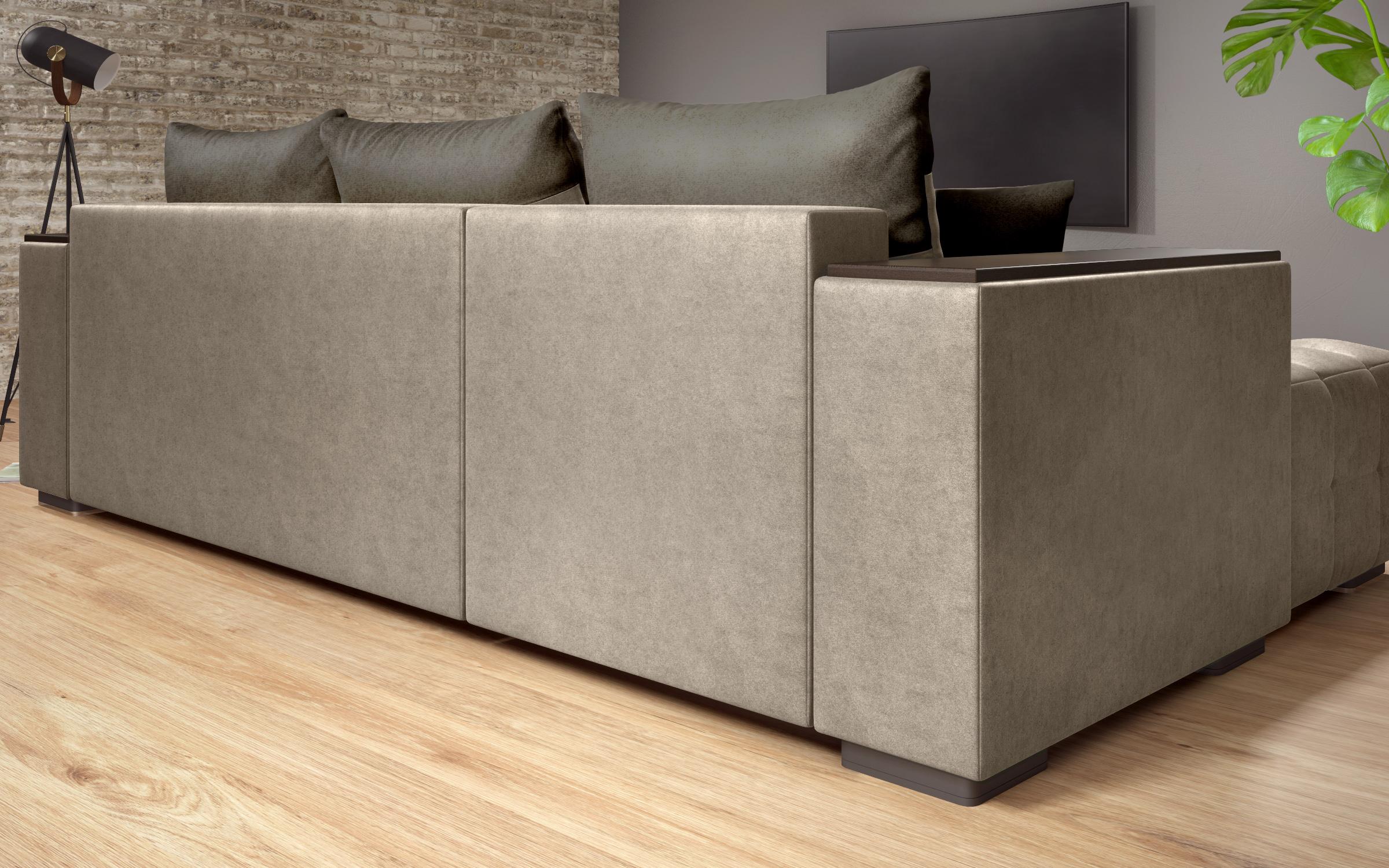 Extendable corner sofa with shelf armrest Melvin S, dark beige + dark brown  5
