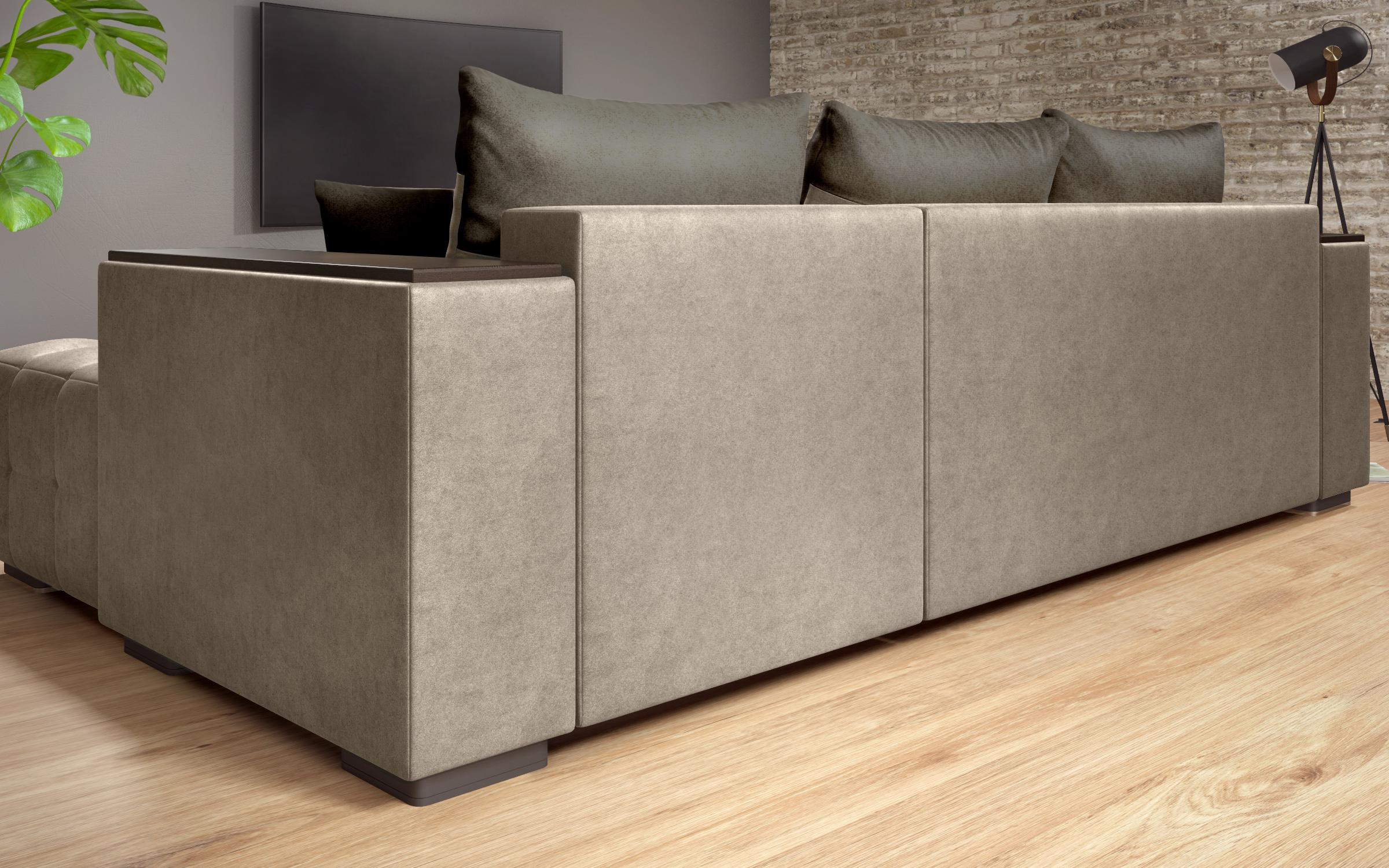 Extendable corner sofa with shelf armrest Melvin S, dark beige + dark brown  5