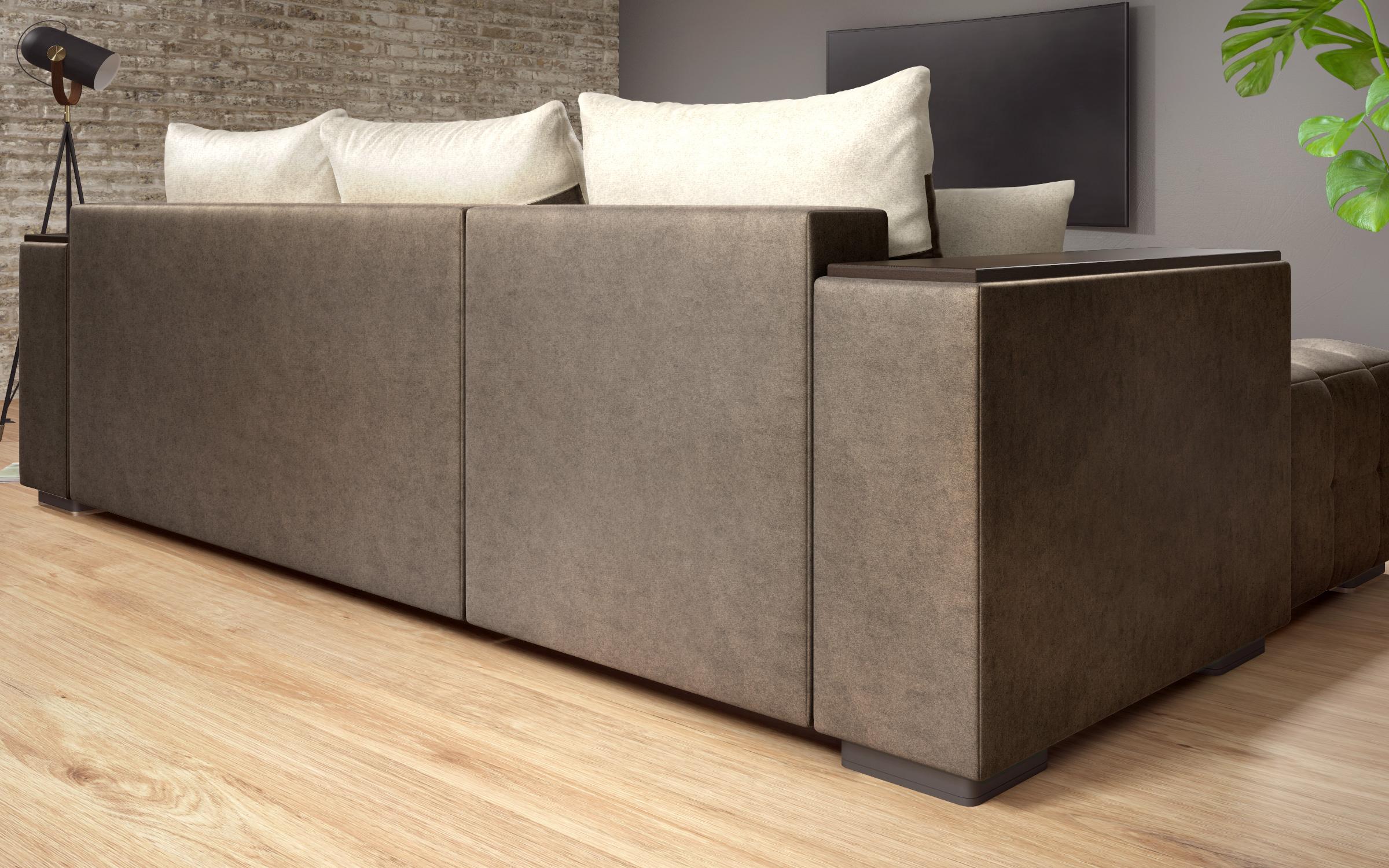 Extendable corner sofa with shelf armrest Melvin S, dark brown + light beige  4