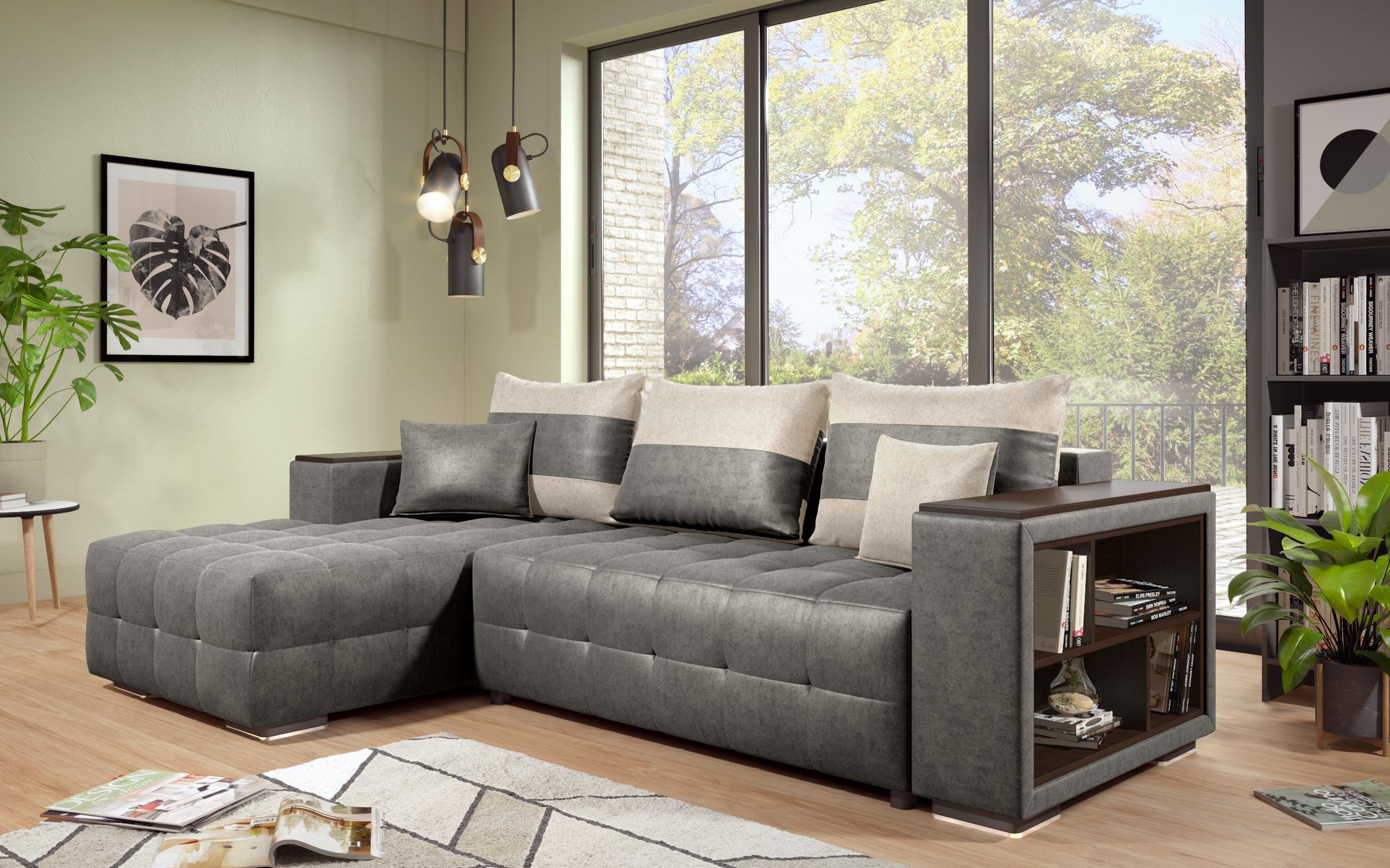 Extendable corner sofa with shelf armrest Melvin S, grey + light beige  5