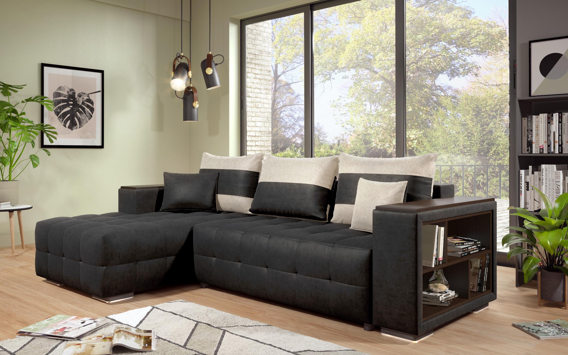 Extendable corner sofa with shelf armrest Melvin S, black + light beige  6