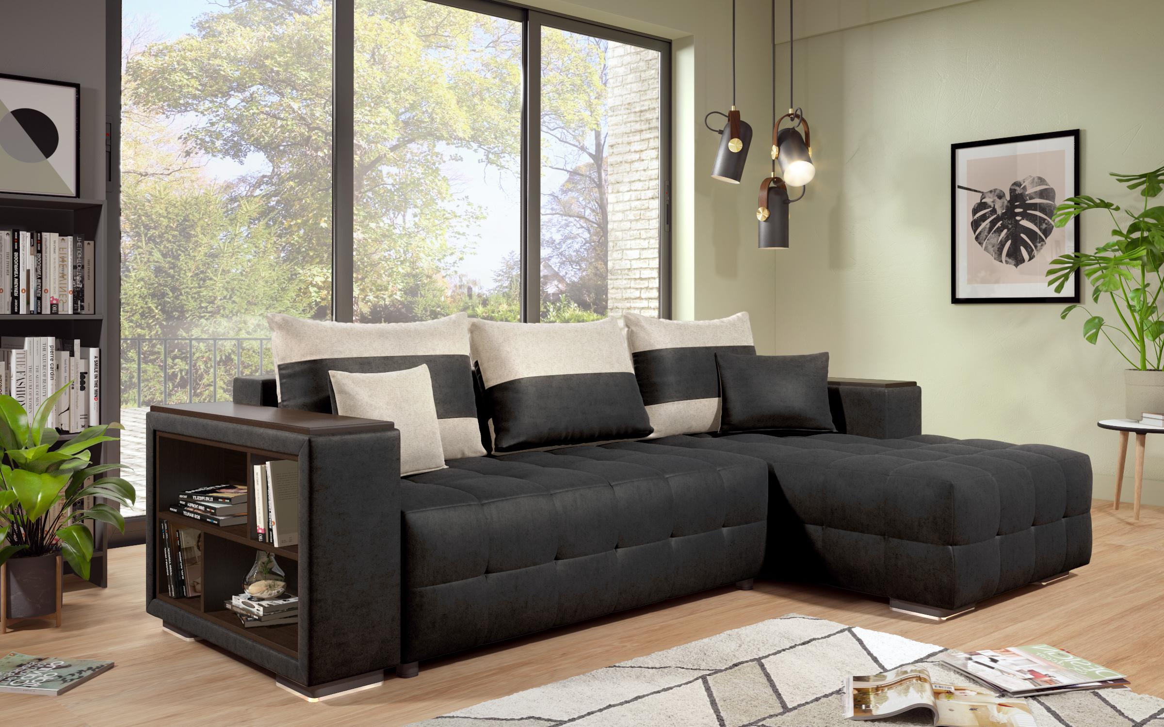 Extendable corner sofa with shelf armrest Melvin S, black + light beige  6