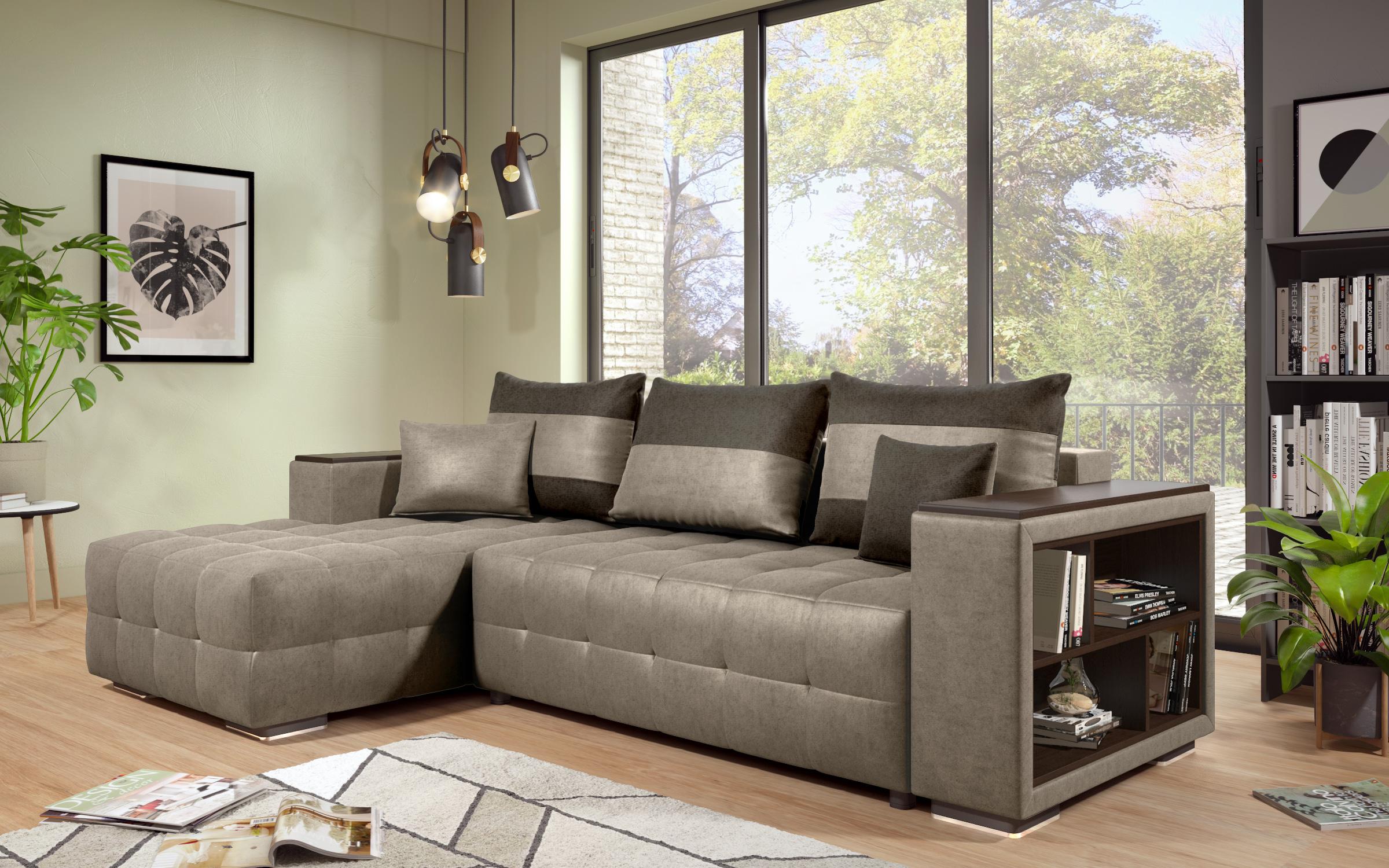 Extendable corner sofa with shelf armrest Melvin S, dark beige + dark brown  6