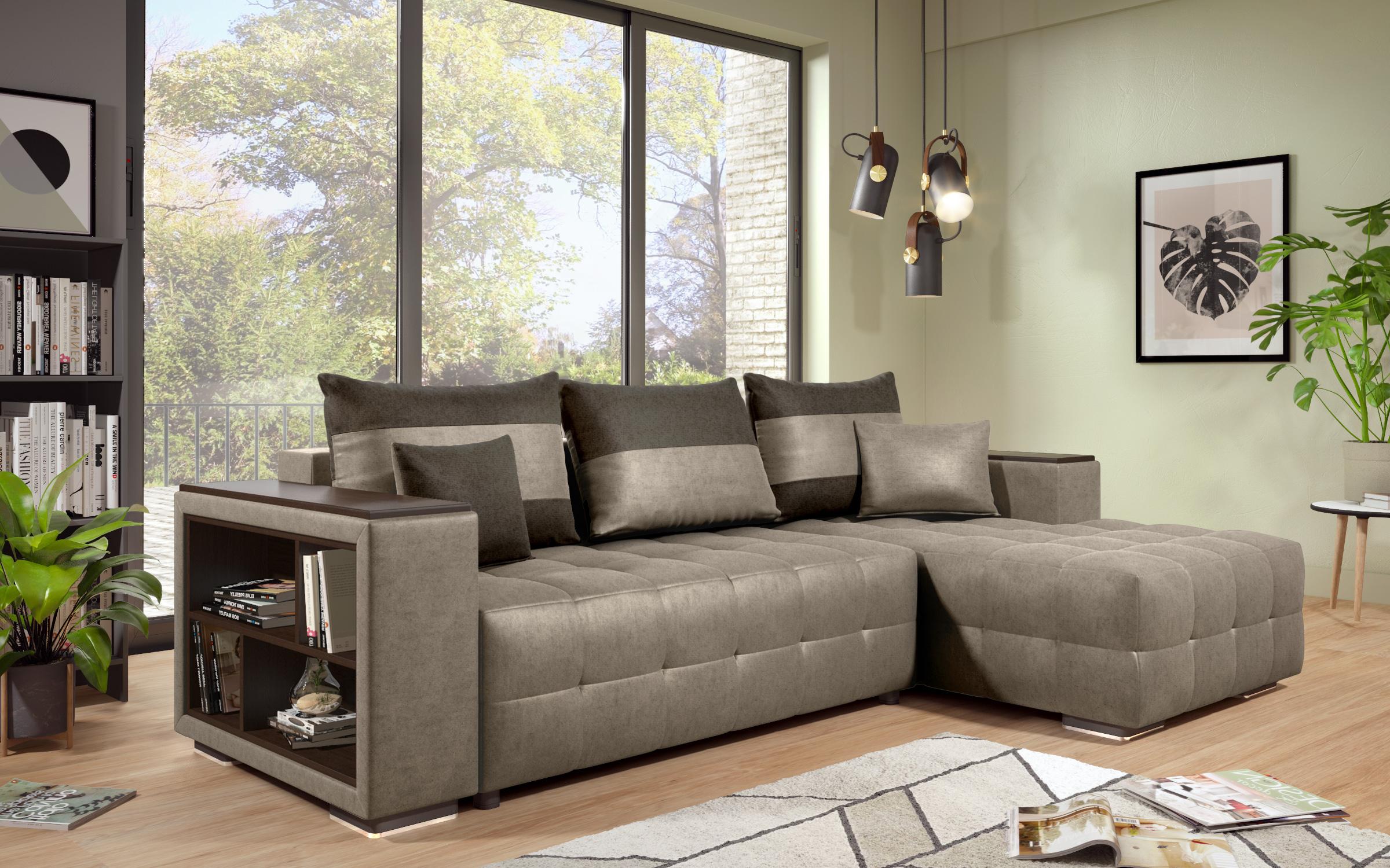 Extendable corner sofa with shelf armrest Melvin S, dark beige + dark brown  6