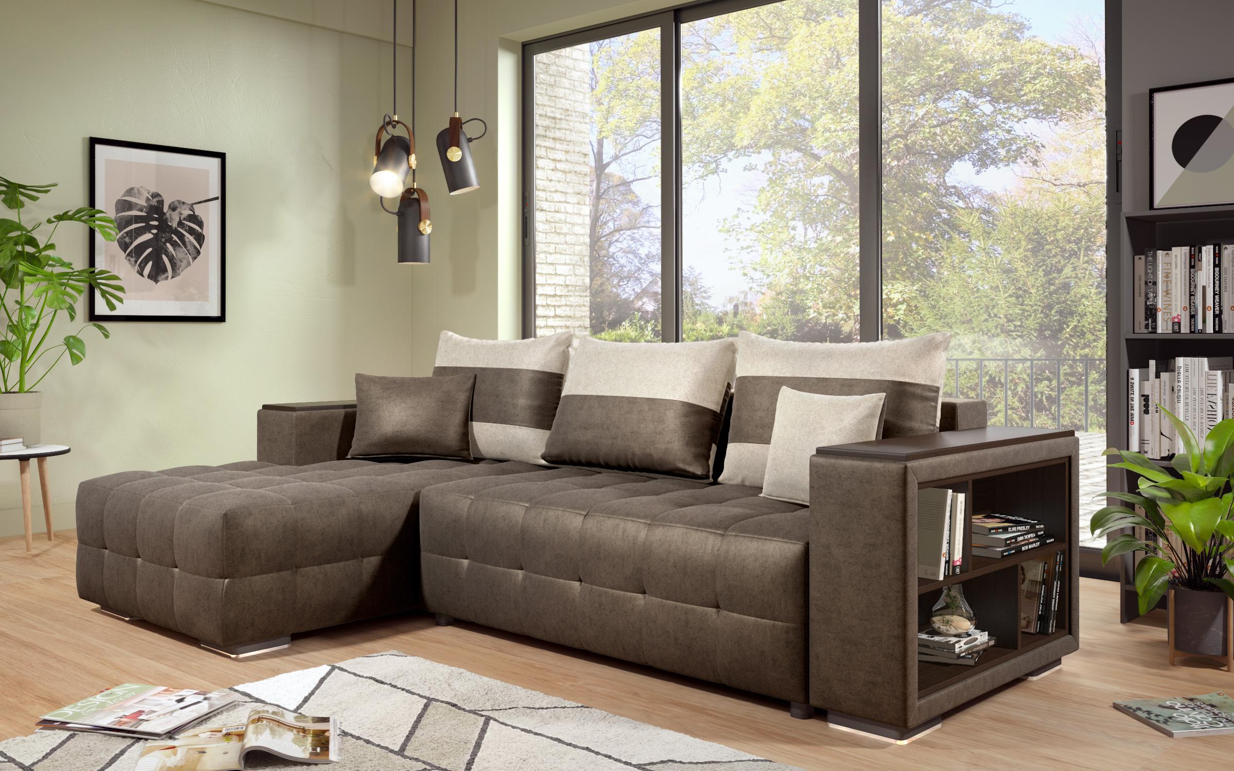 Extendable corner sofa with shelf armrest Melvin S, dark brown + light beige  5