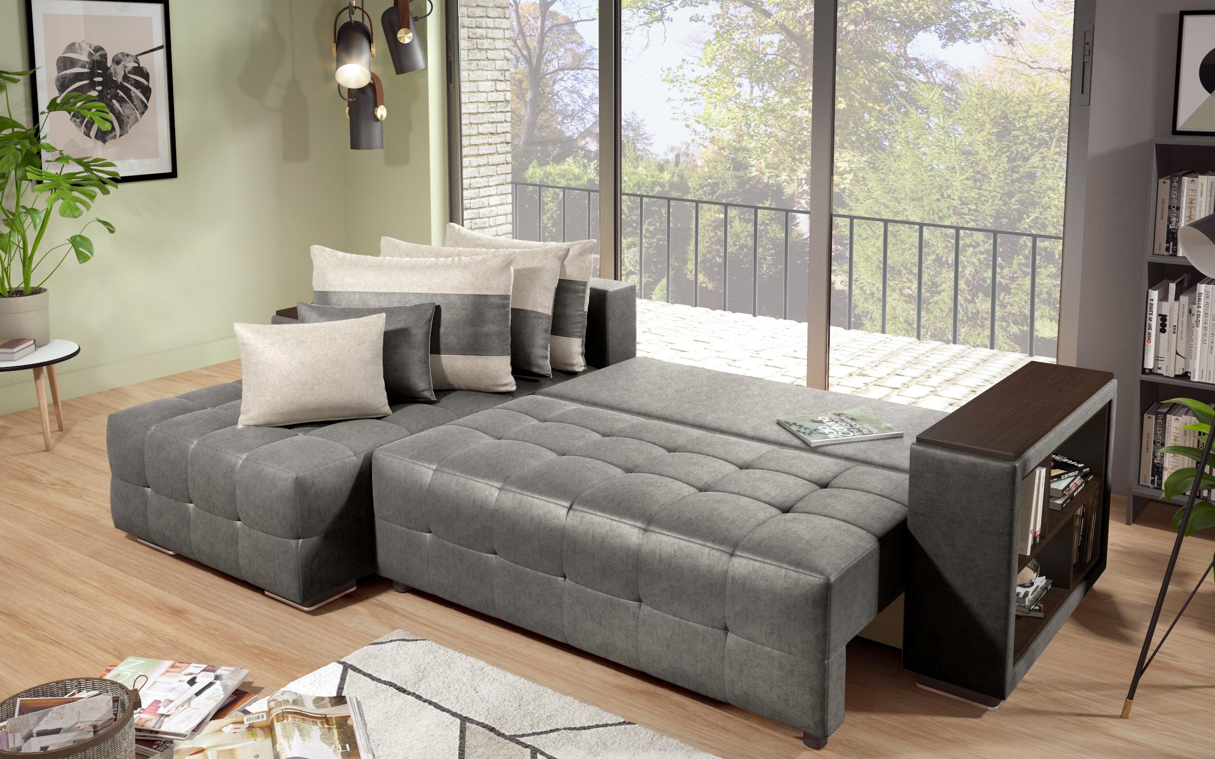 Extendable corner sofa with shelf armrest Melvin S, grey + light beige  6