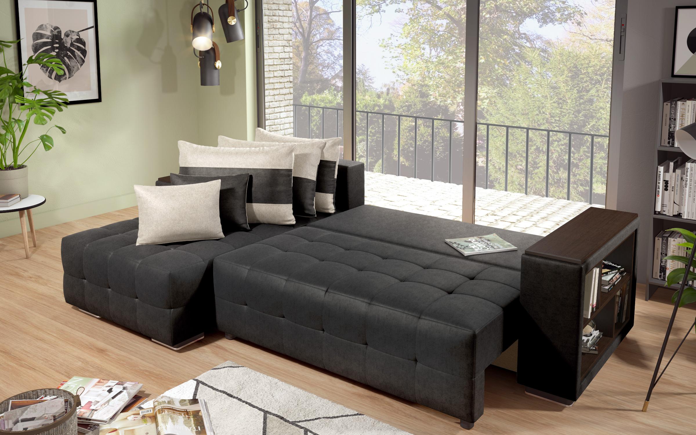 Extendable corner sofa with shelf armrest Melvin S, black + light beige  7