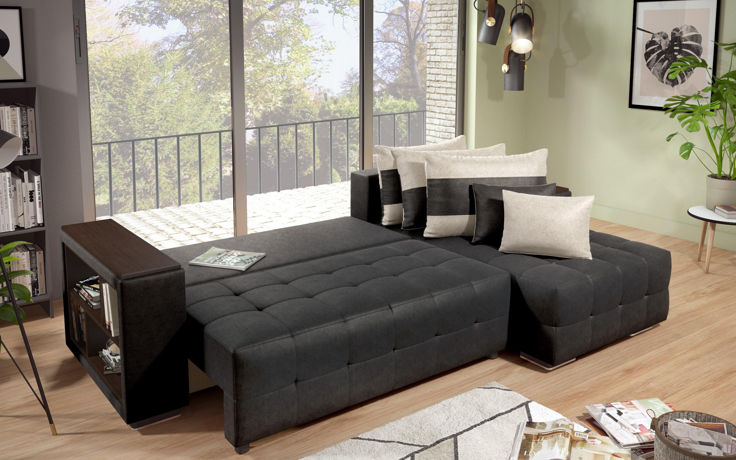 Extendable corner sofa with shelf armrest Melvin S, black + light beige  7