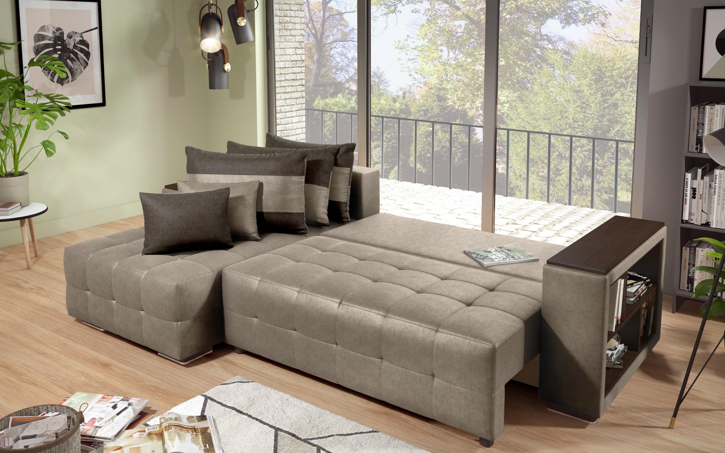 Extendable corner sofa with shelf armrest Melvin S, dark beige + dark brown  7