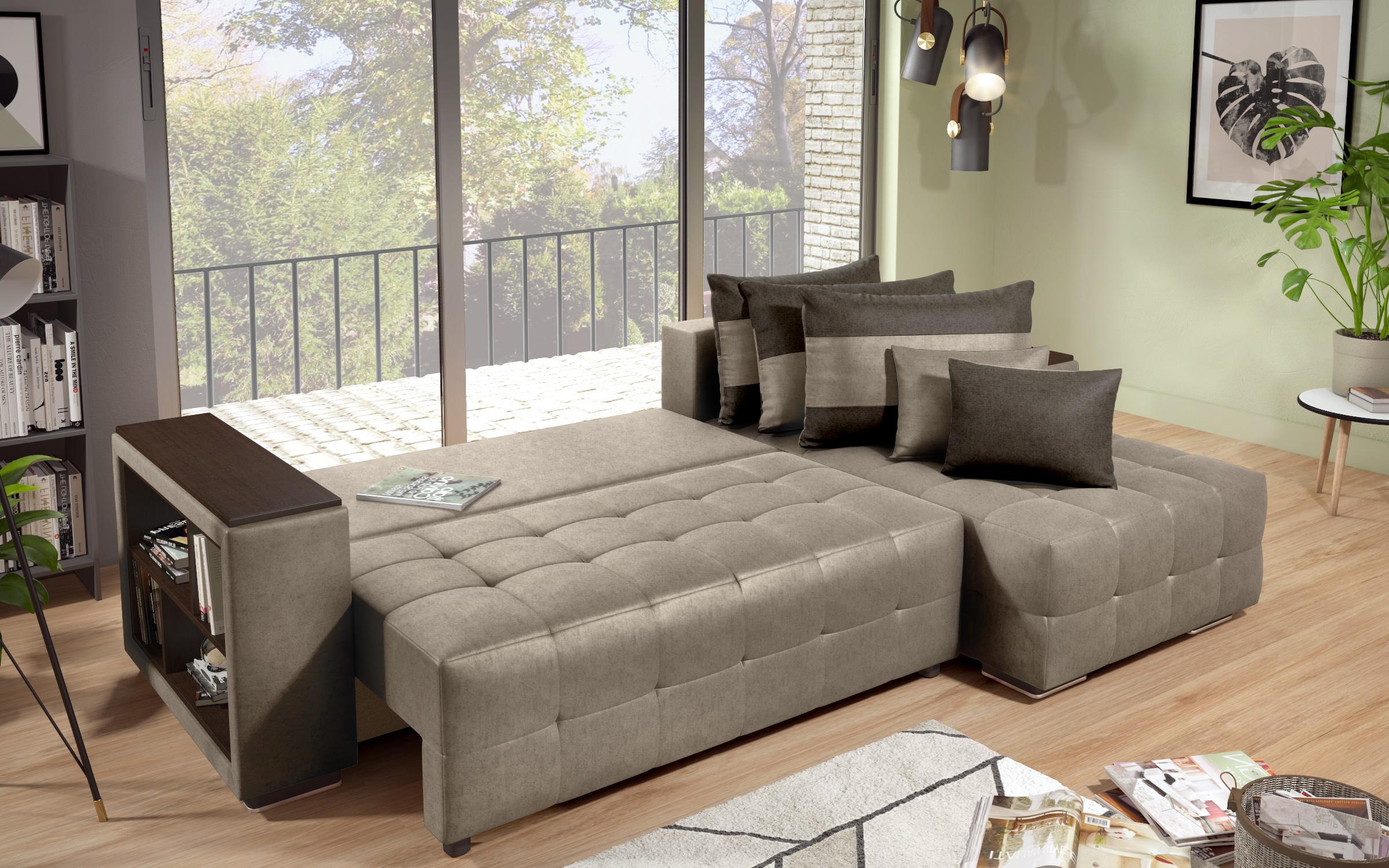 Extendable corner sofa with shelf armrest Melvin S, dark beige + dark brown  7