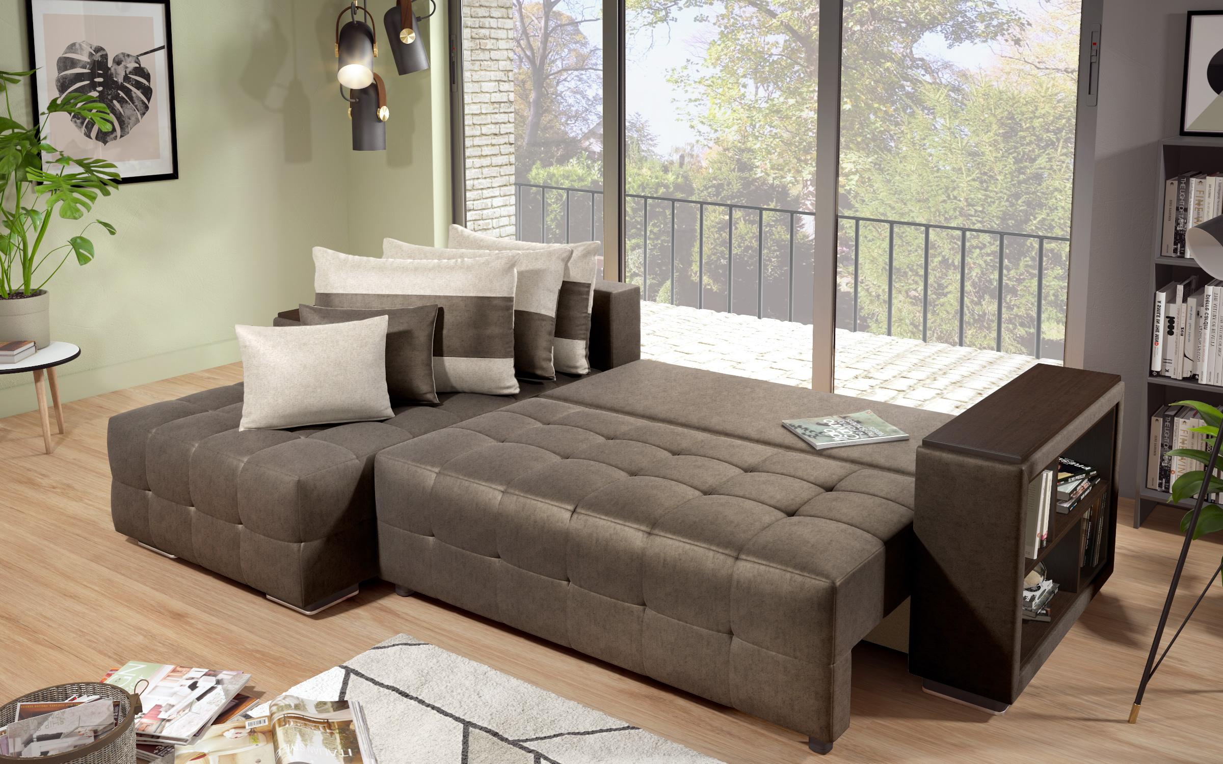 Extendable corner sofa with shelf armrest Melvin S, dark brown + light beige  6