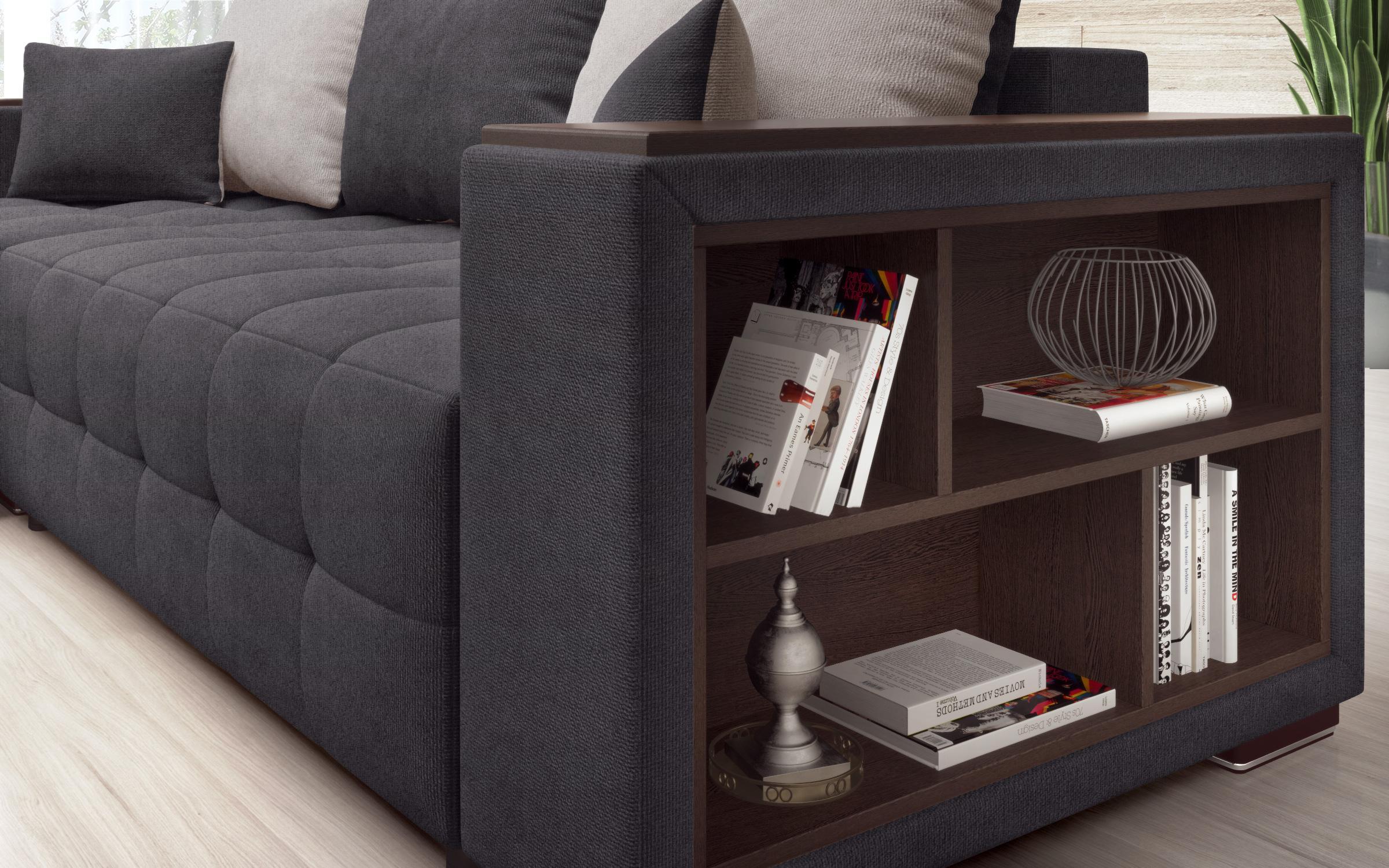 Extendable corner sofa with shelf armrest Melvin Spring S, graphite + light brown  5