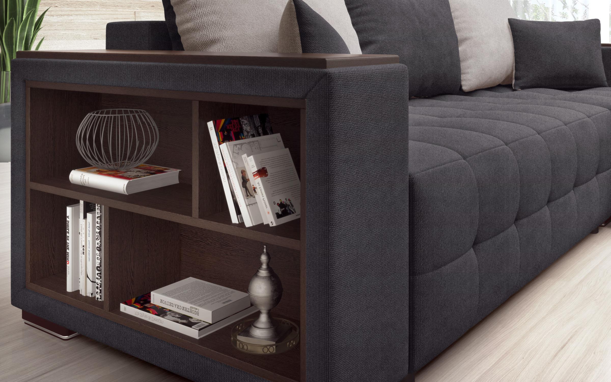 Extendable corner sofa with shelf armrest Melvin Spring S, graphite + light brown  8