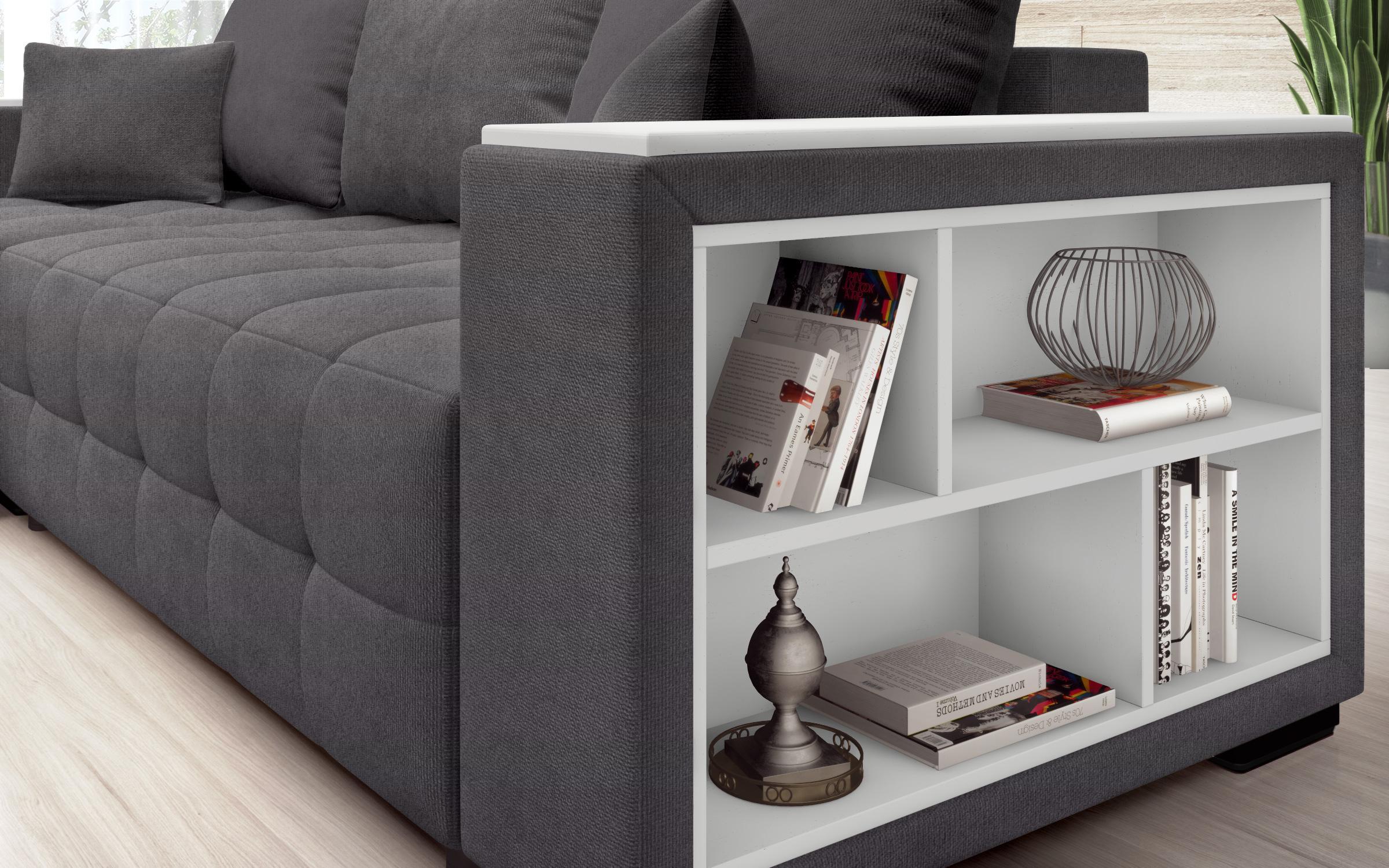 Extendable corner sofa with shelf armrest Melvin Spring S, dark grey  6