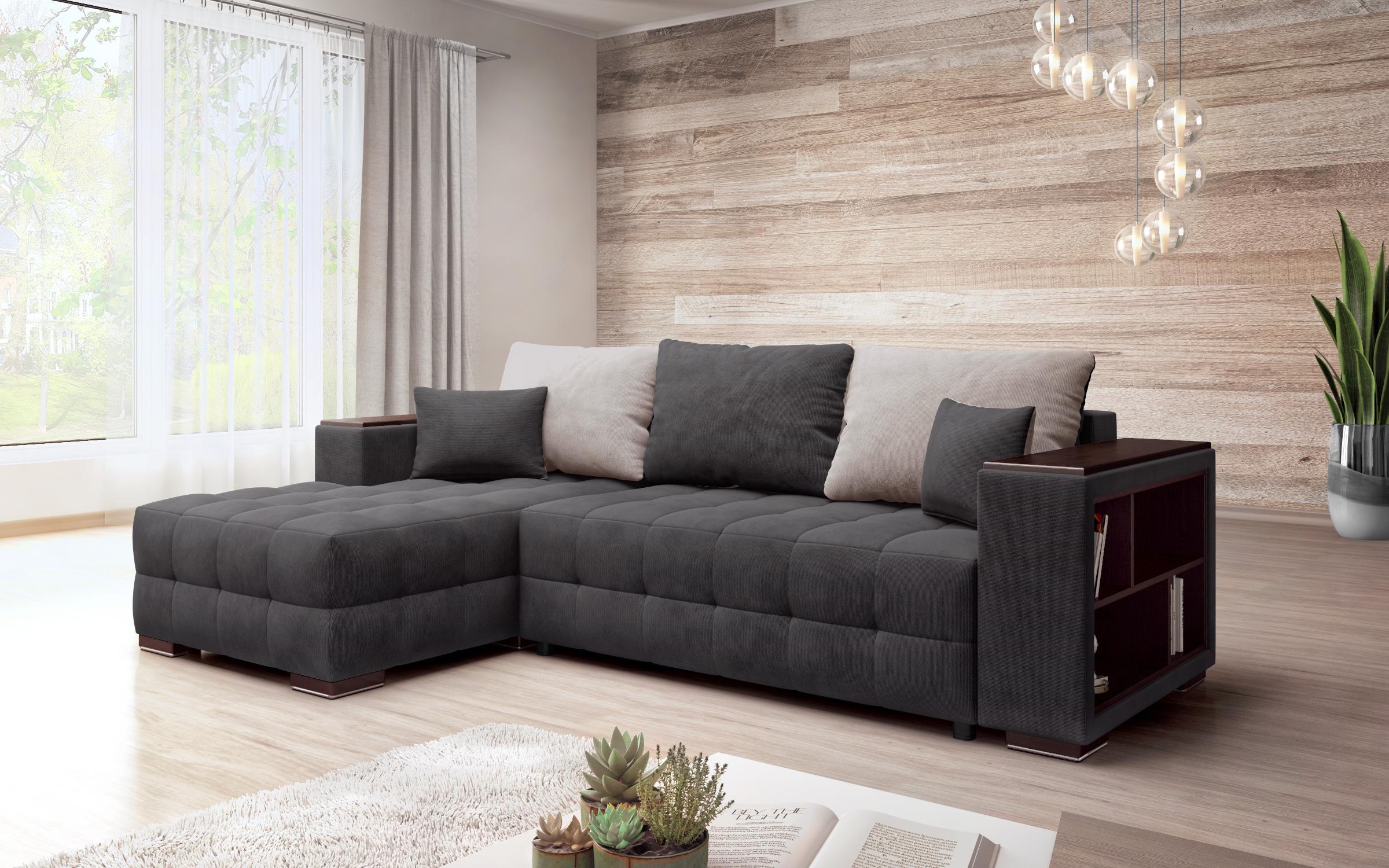 Extendable corner sofa with shelf armrest Melvin Spring S, graphite + light brown  6