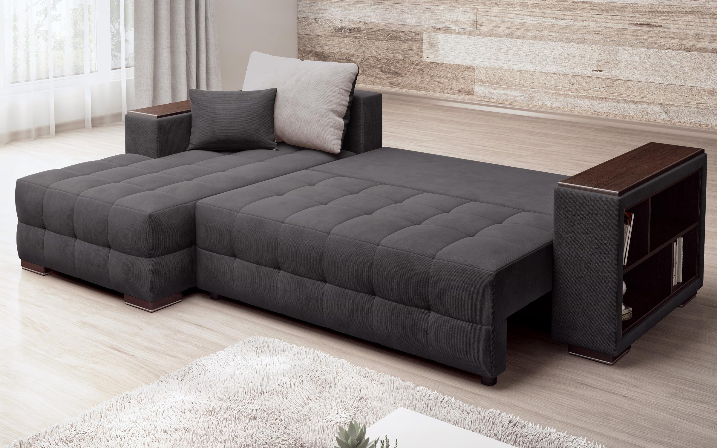 Extendable corner sofa with shelf armrest Melvin Spring S, graphite + light brown  8