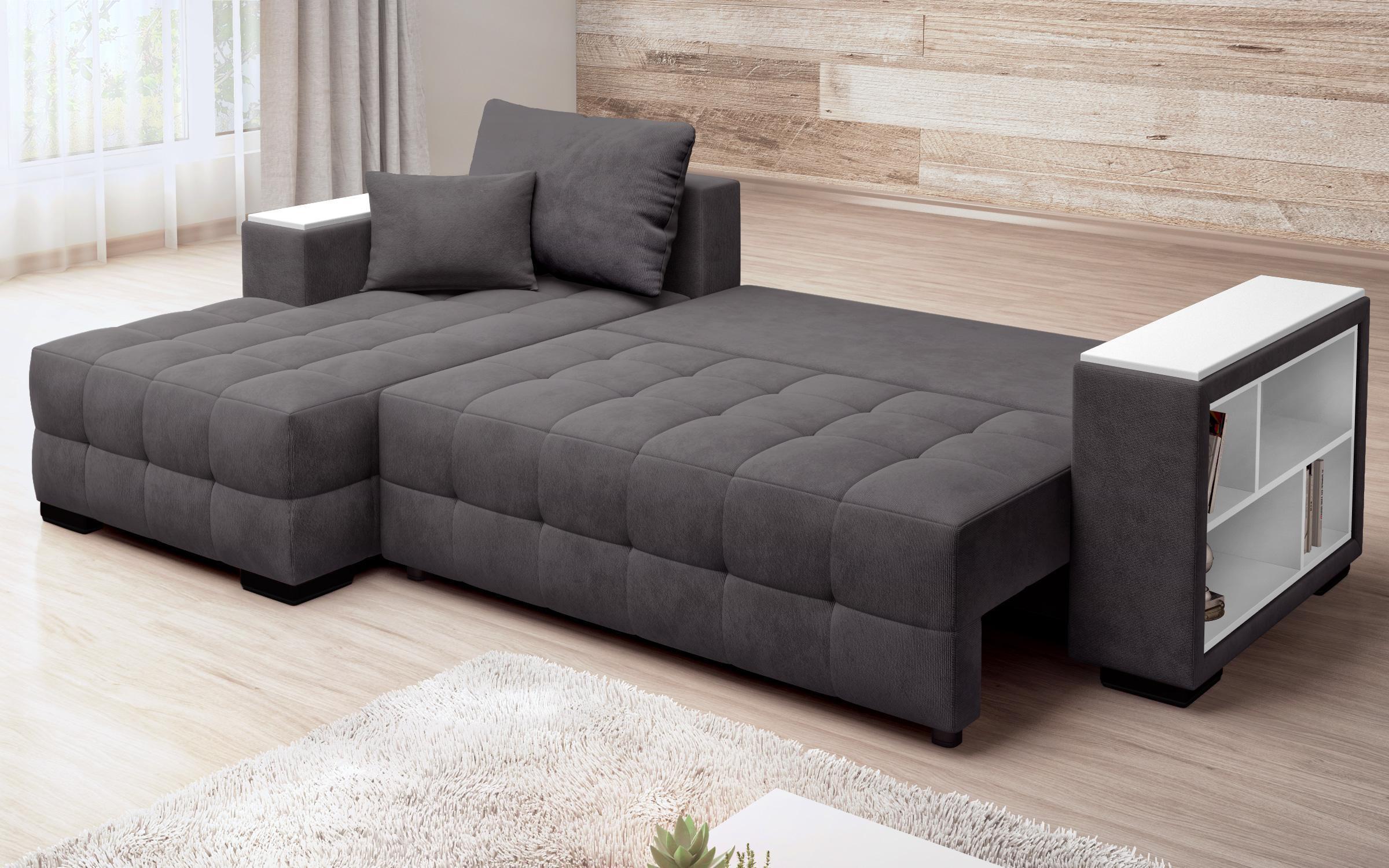 Extendable corner sofa with shelf armrest Melvin Spring S, dark grey  9