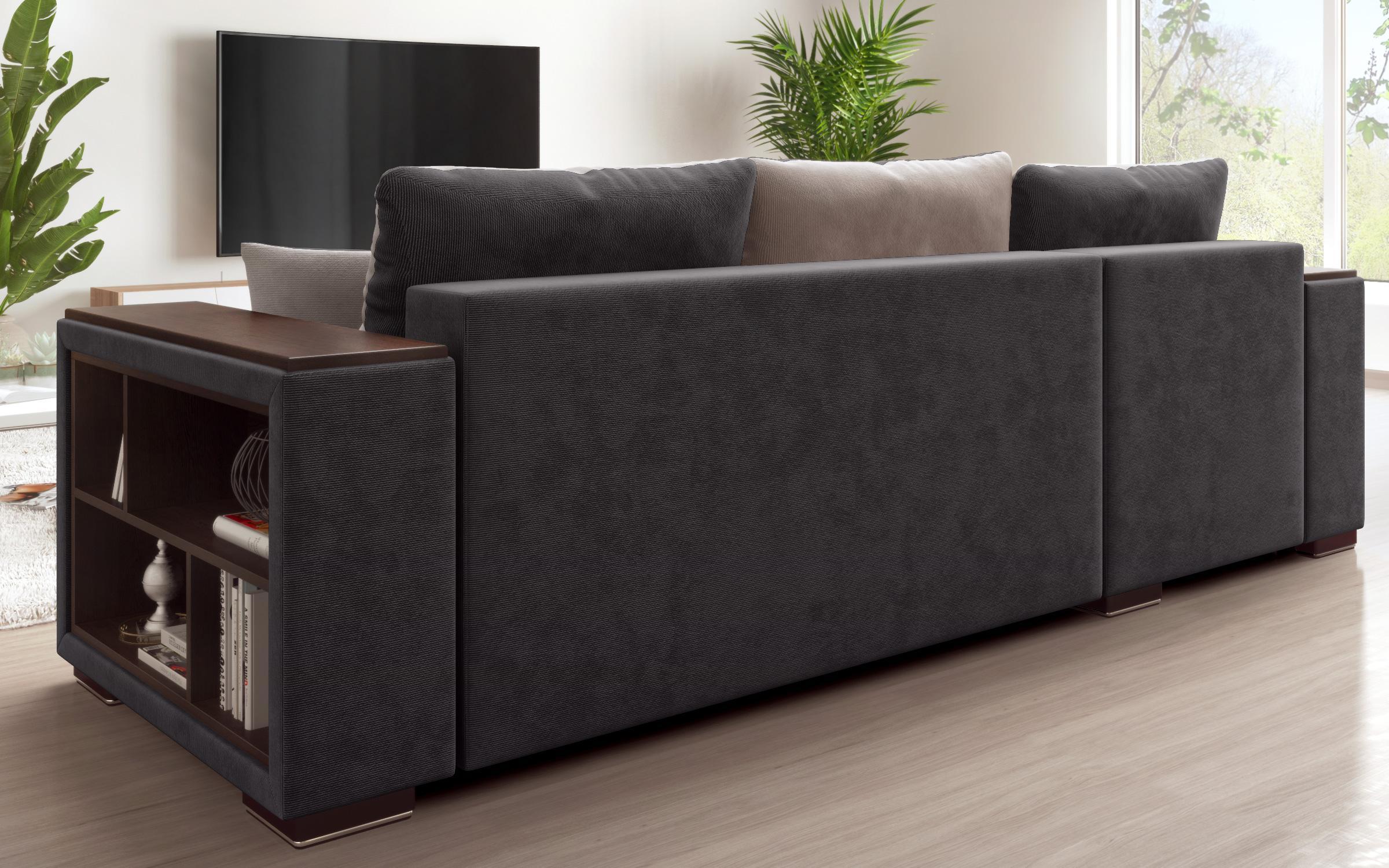 Extendable corner sofa with shelf armrest Melvin Spring S, graphite + light brown  9