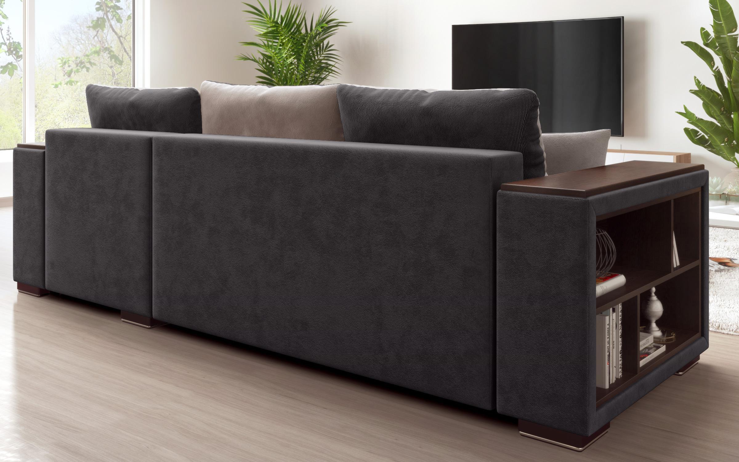 Extendable corner sofa with shelf armrest Melvin Spring S, graphite + light brown  7