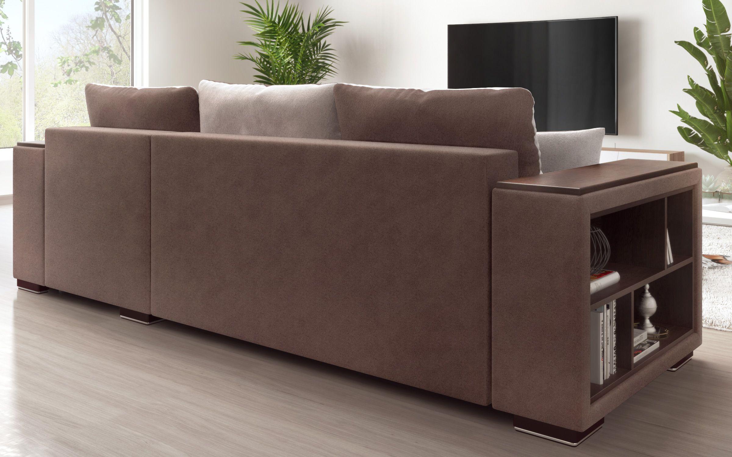 Extendable corner sofa with shelf armrest Melvin Spring S, brown + beige  8