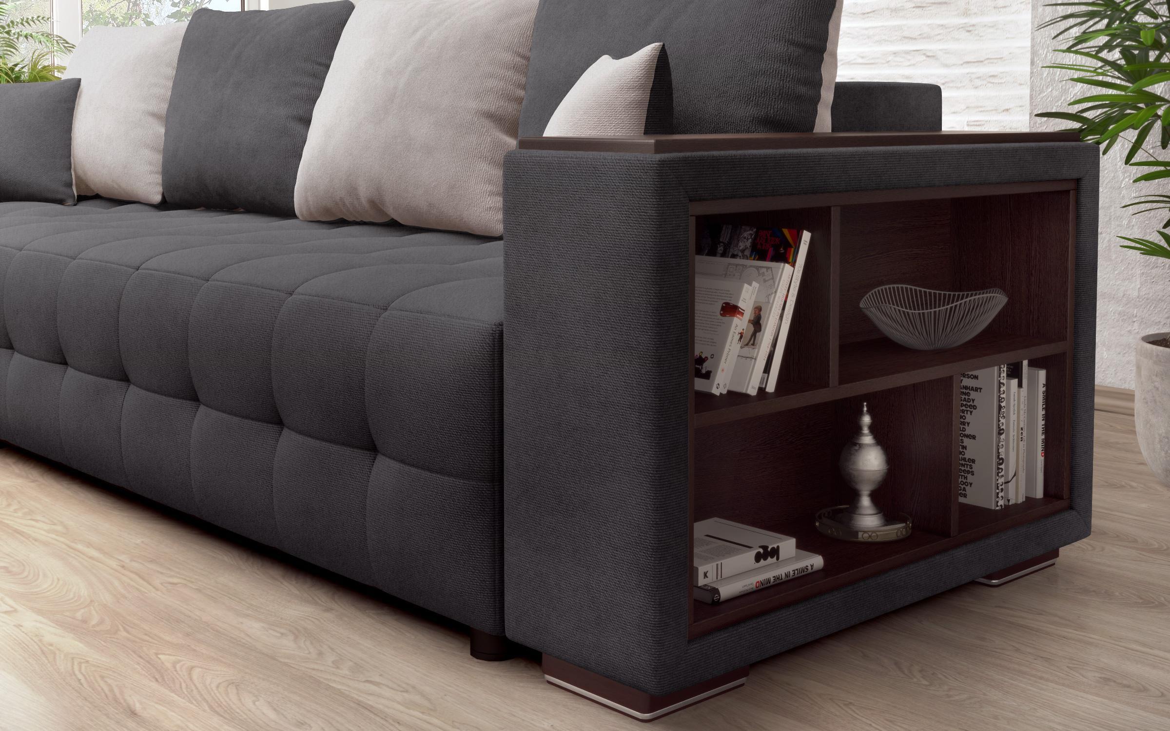 Extendable corner sofa with shelf armrest Melvin Spring, graphite + light brown  8