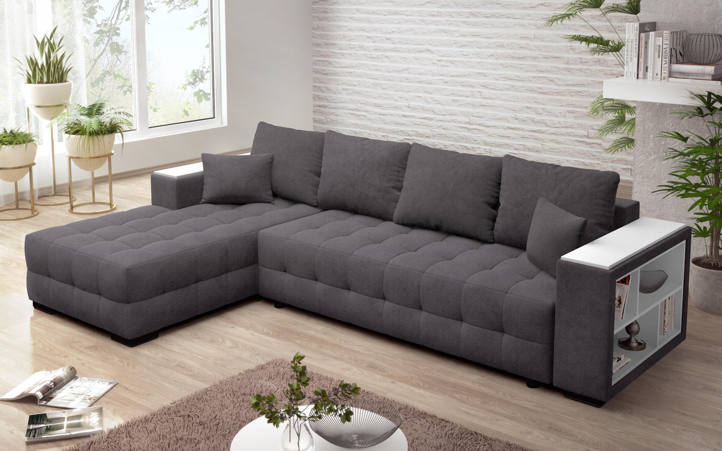 Extendable sofa Melvin Spring with chaise + mini shelf armrest, dark grey  4