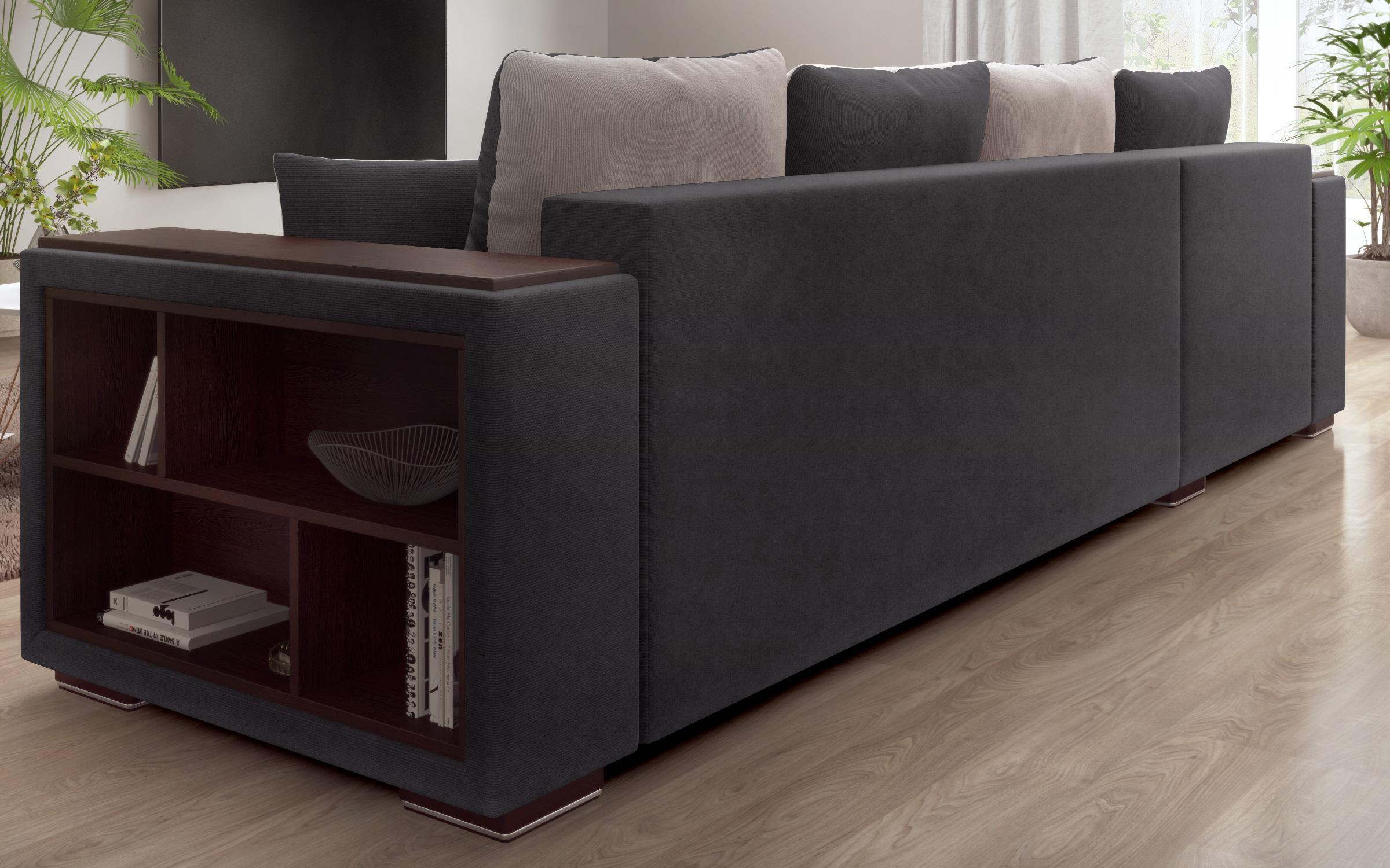 Extendable corner sofa with shelf armrest Melvin Spring, graphite + light brown  5