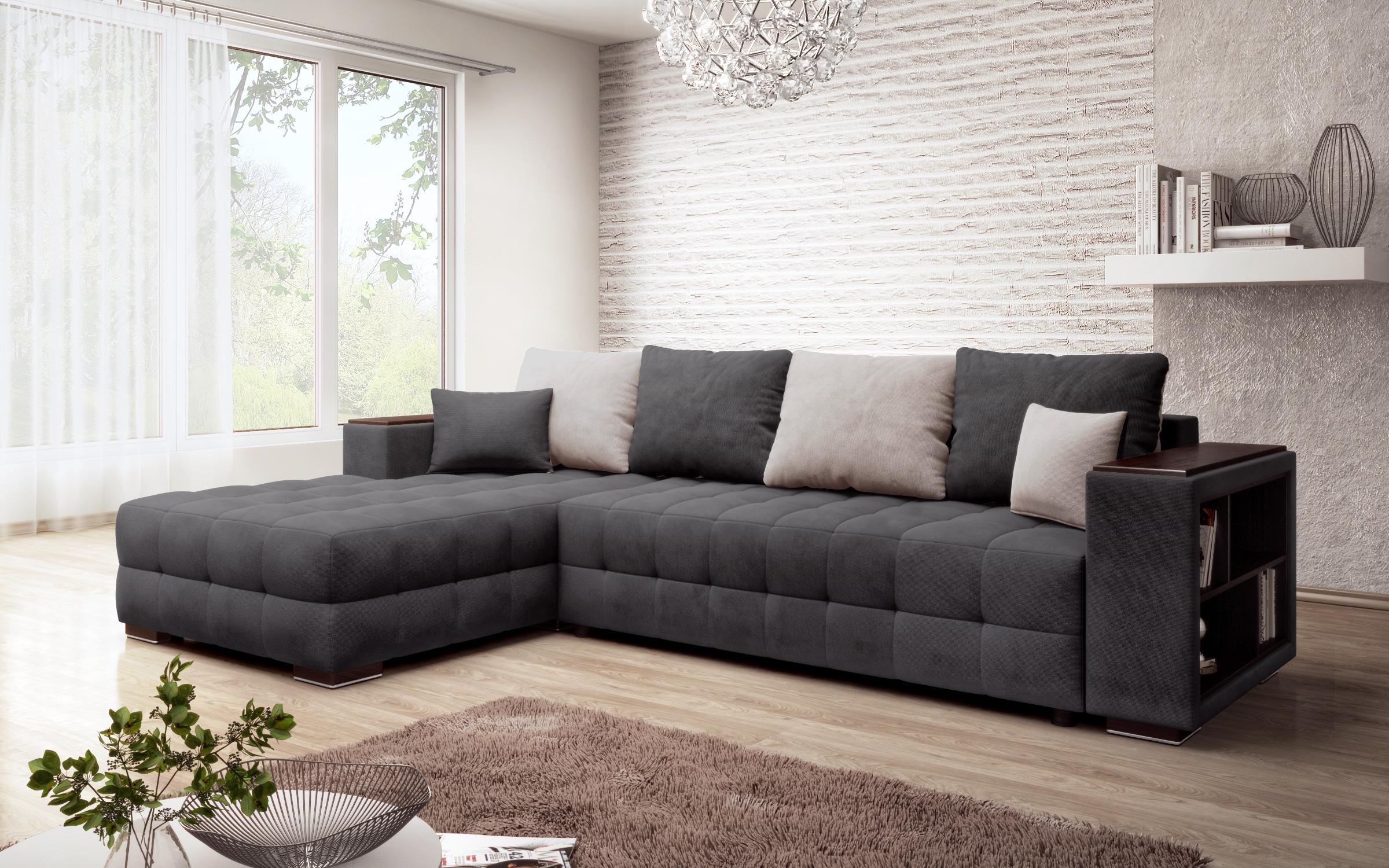 Extendable corner sofa with shelf armrest Melvin Spring, graphite + light brown  6