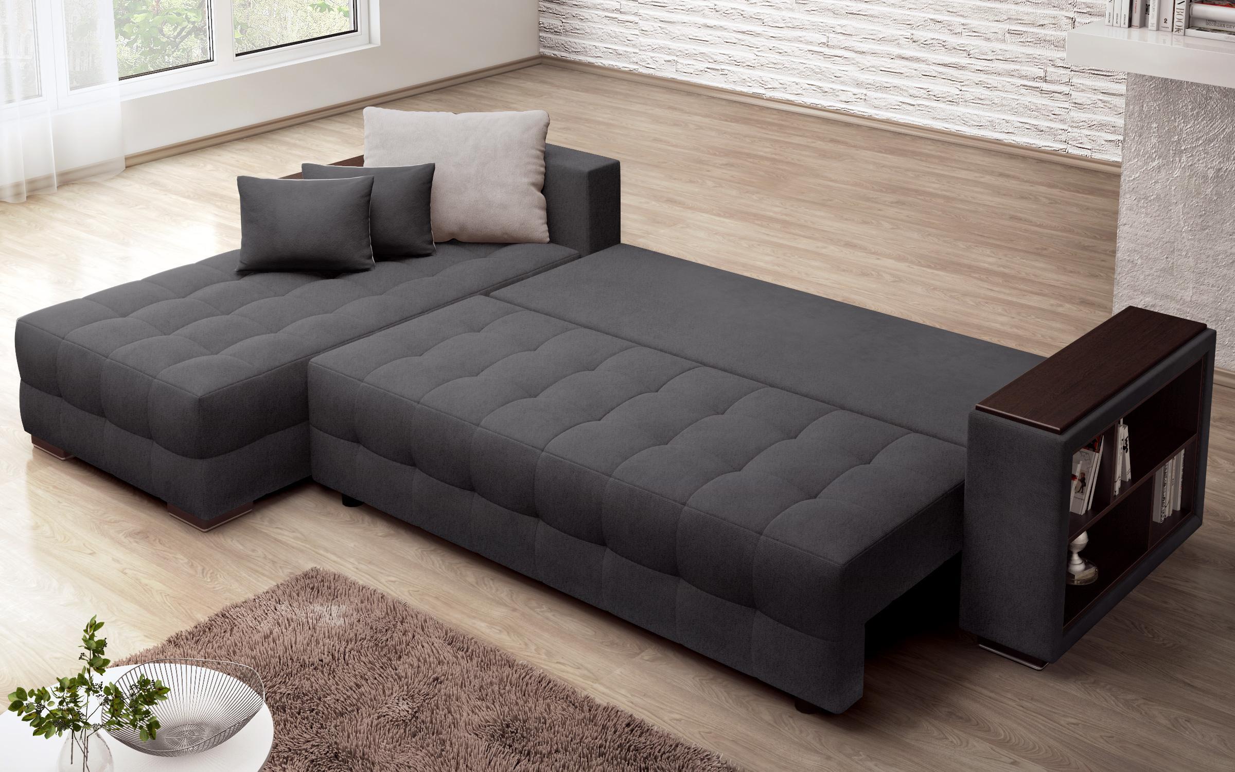 Extendable corner sofa with shelf armrest Melvin Spring, graphite + light brown  7