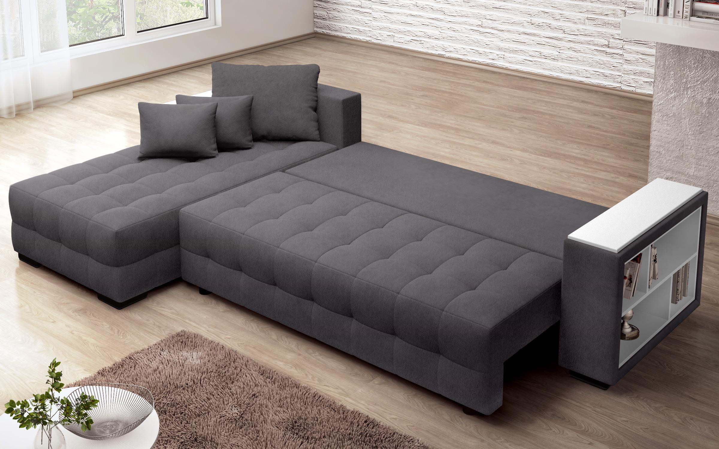 Extendable sofa Melvin Spring with chaise + mini shelf armrest, dark grey  7