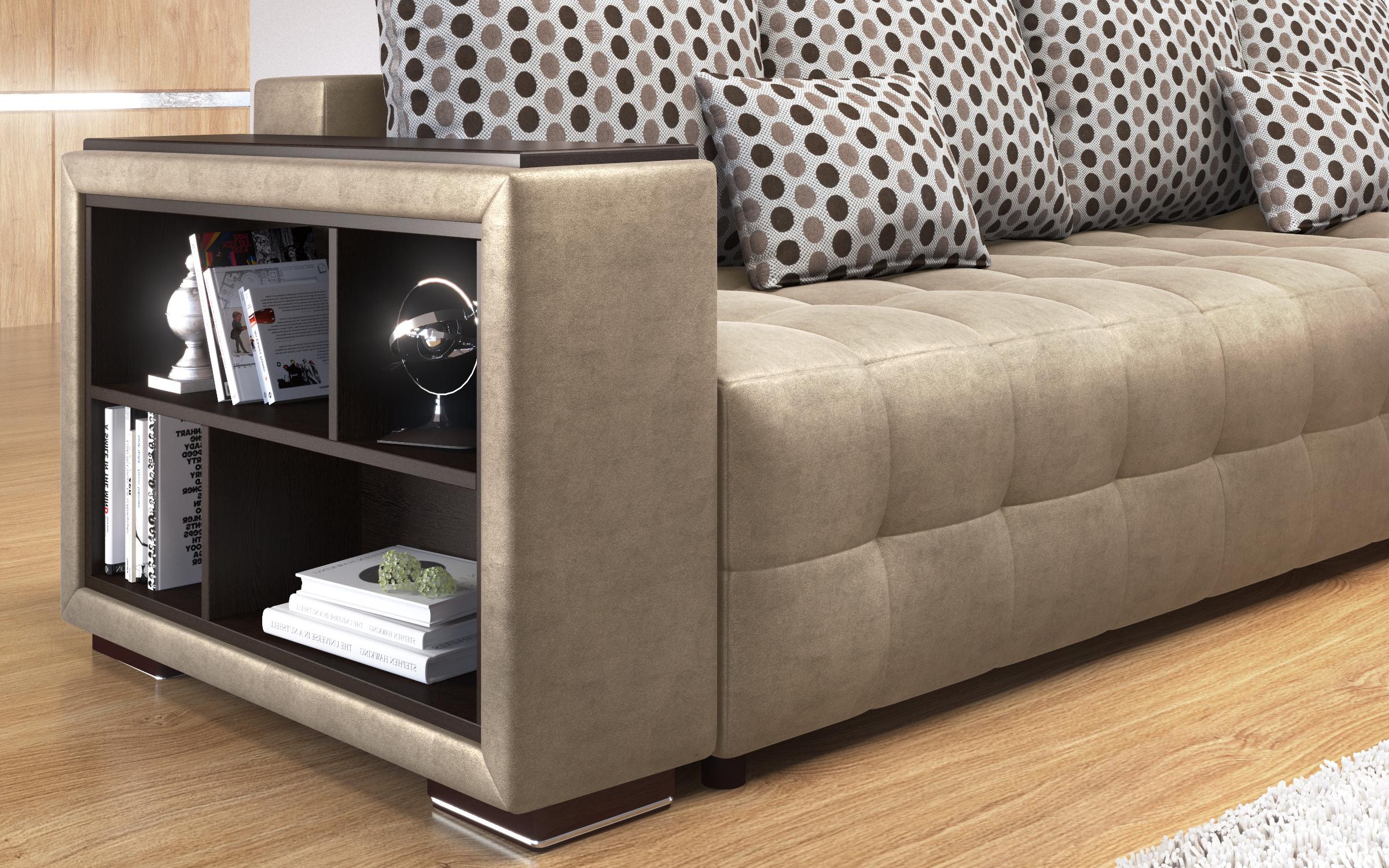 Extendable corner sofa with shelf armrest Melvin, dark beige  5