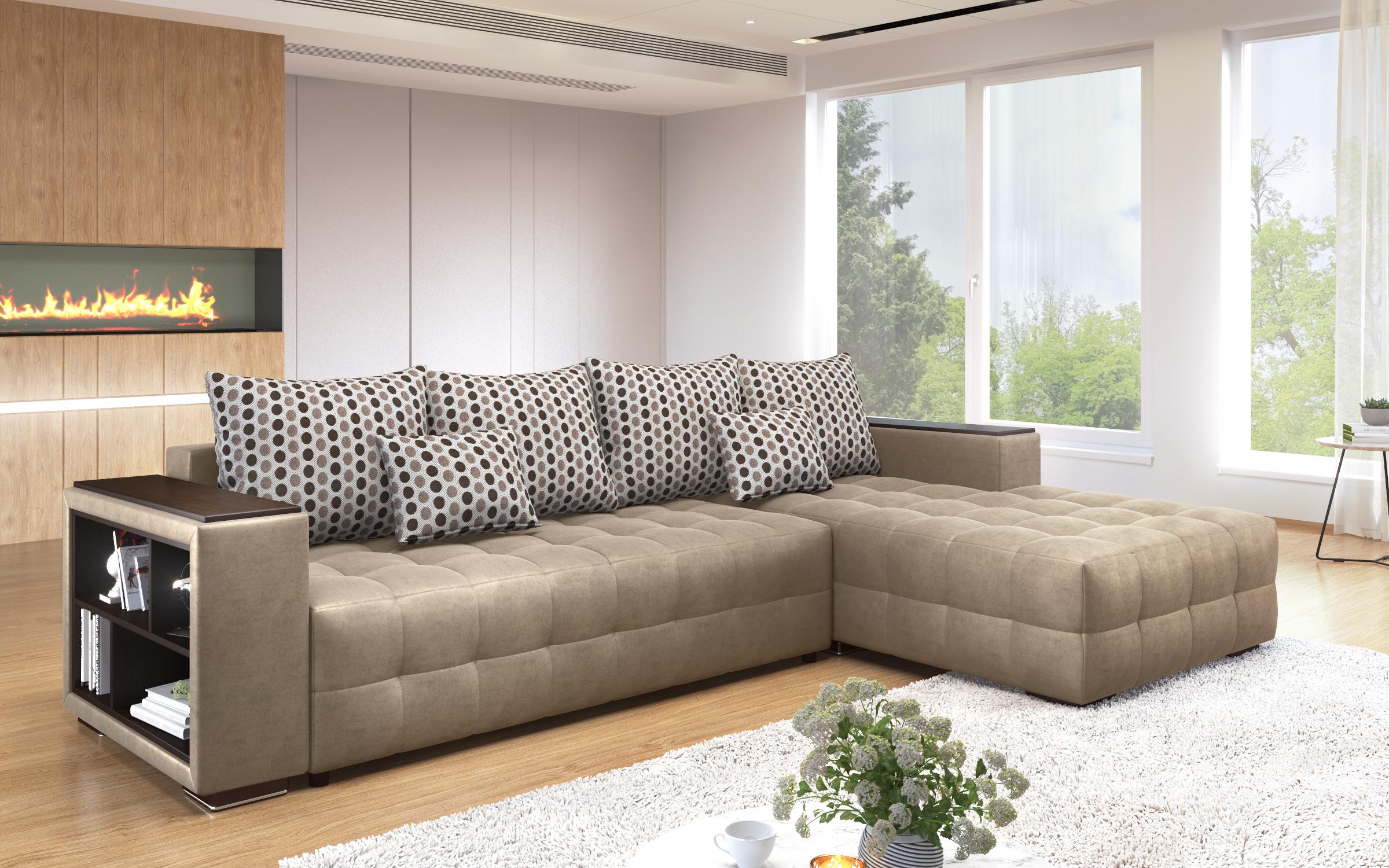 Extendable corner sofa with shelf armrest Melvin, dark beige  7