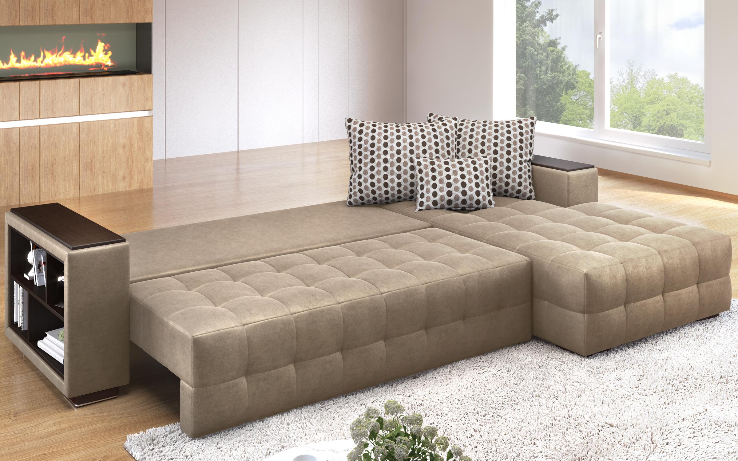 Extendable corner sofa with shelf armrest Melvin, dark beige  6