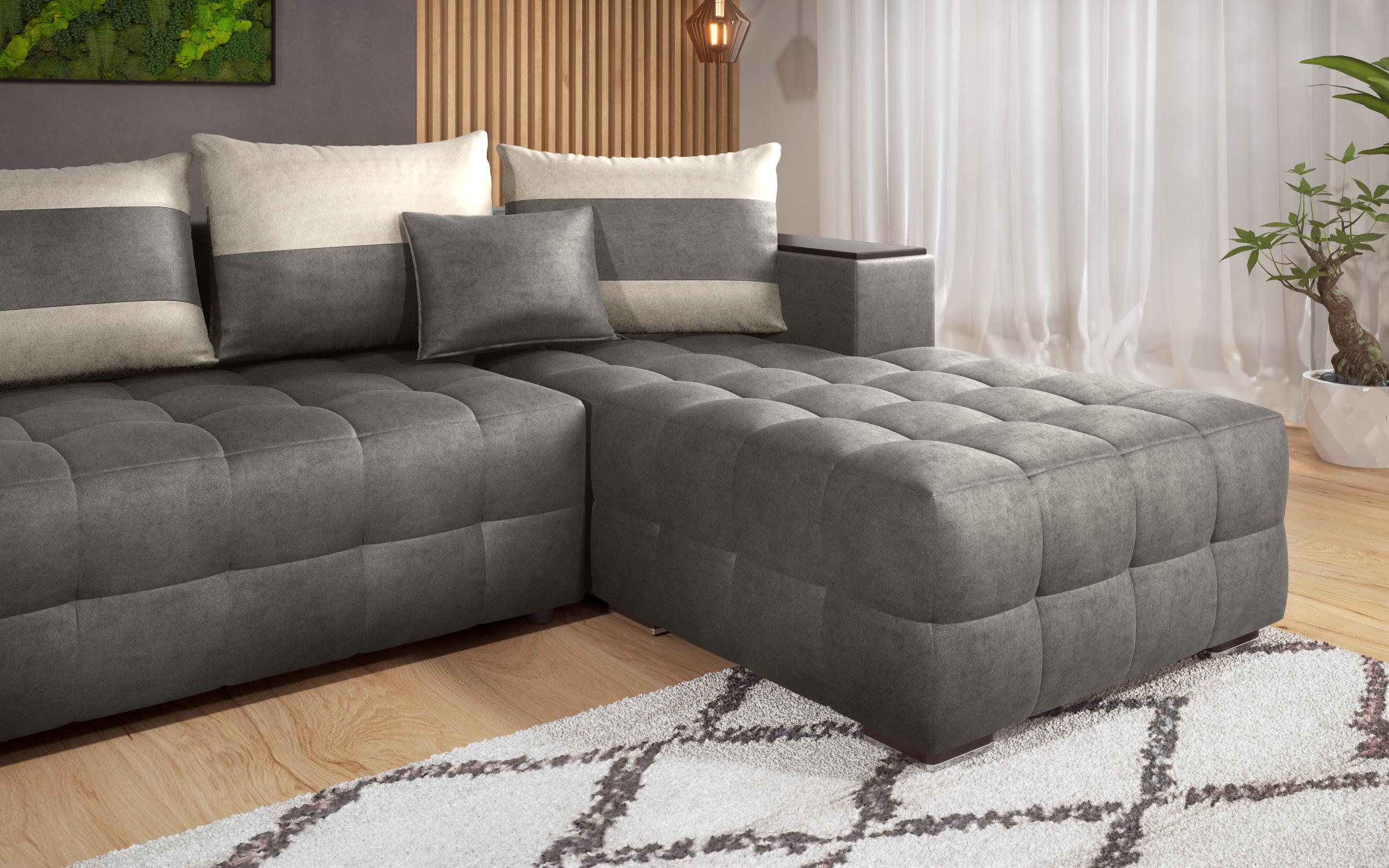 Extendable corner sofa with shelf armrest Melvin, grey + light beige  7