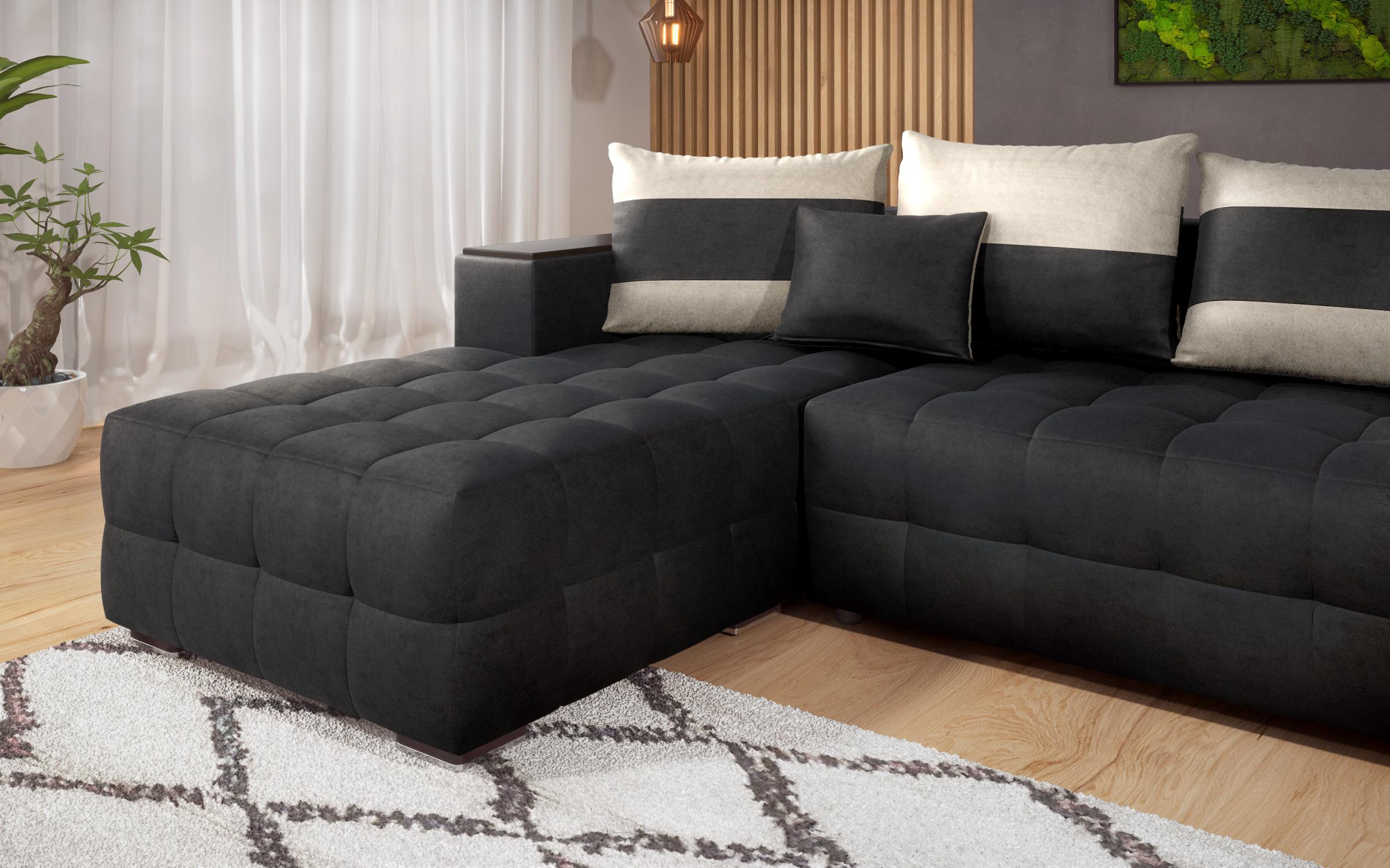 Extendable corner sofa with shelf armrest Melvin, black + light beige  8