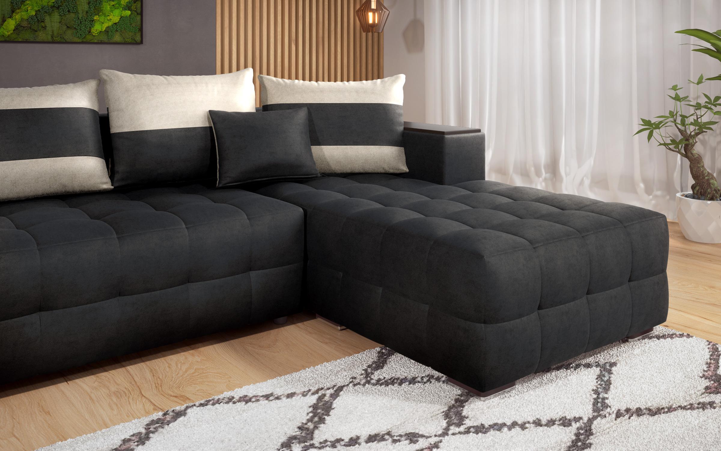 Extendable corner sofa with shelf armrest Melvin, black + light beige  8